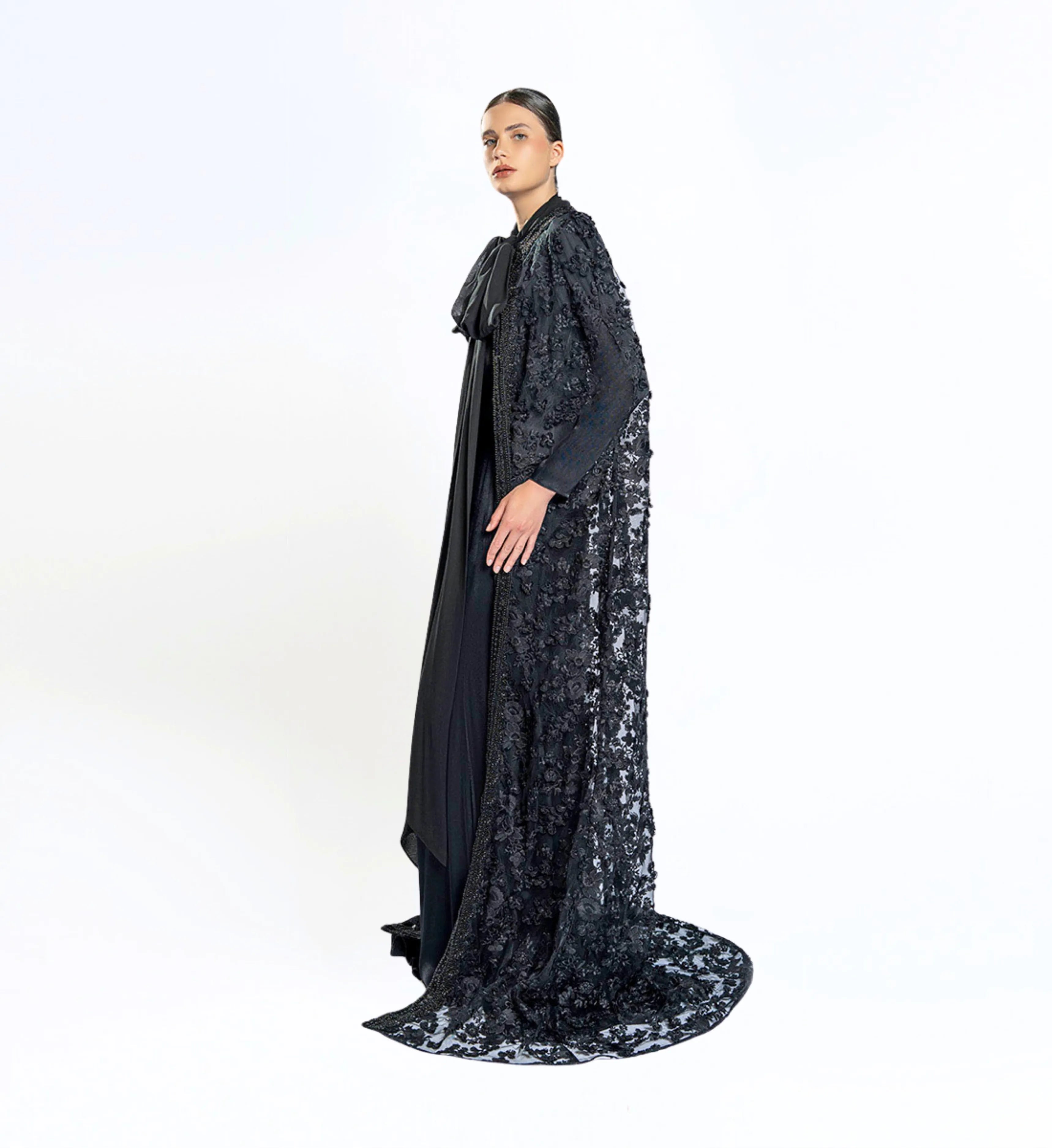 Embroidered Cape Gown – Black