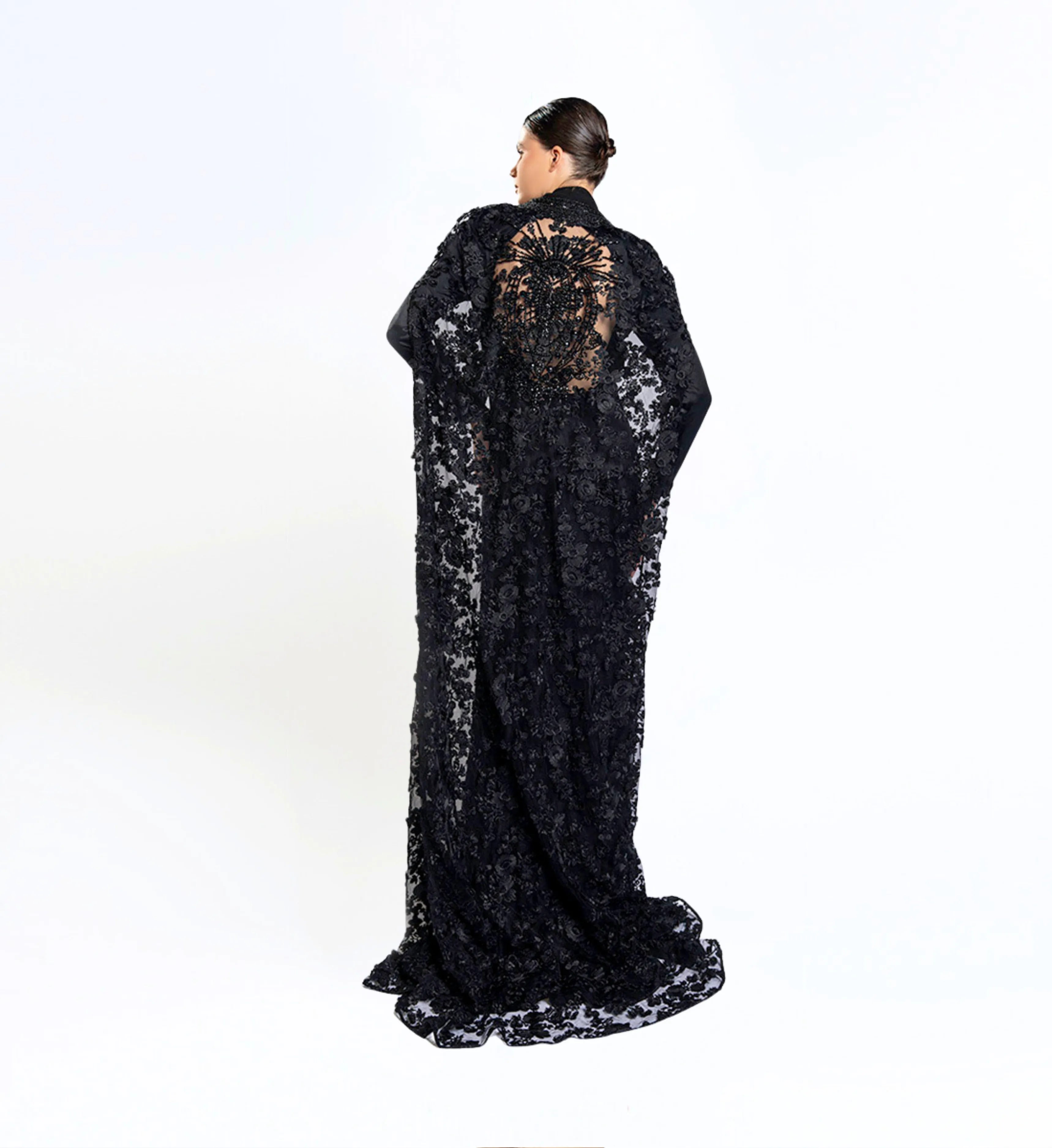Embroidered Cape Gown – Black