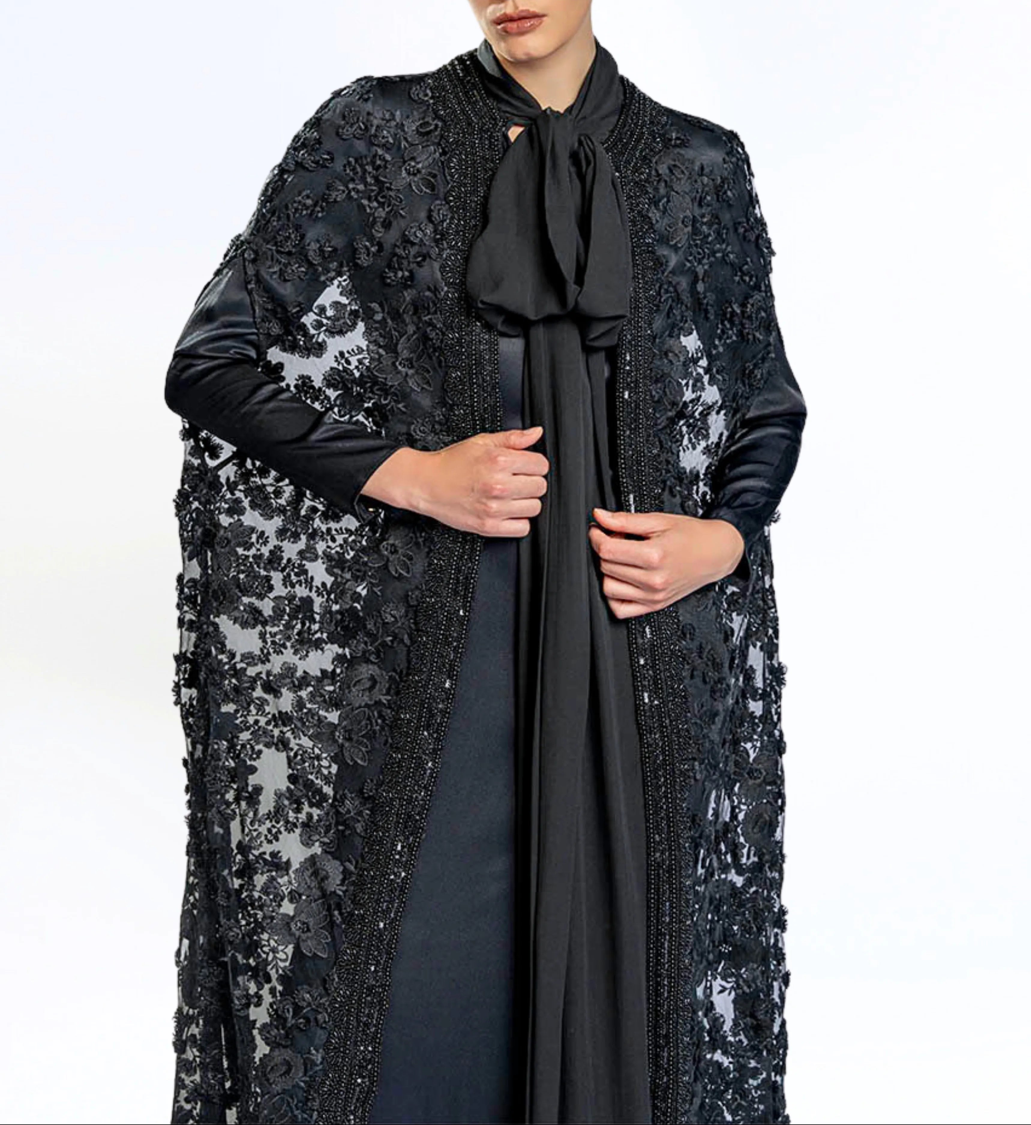 Embroidered Cape Gown – Black