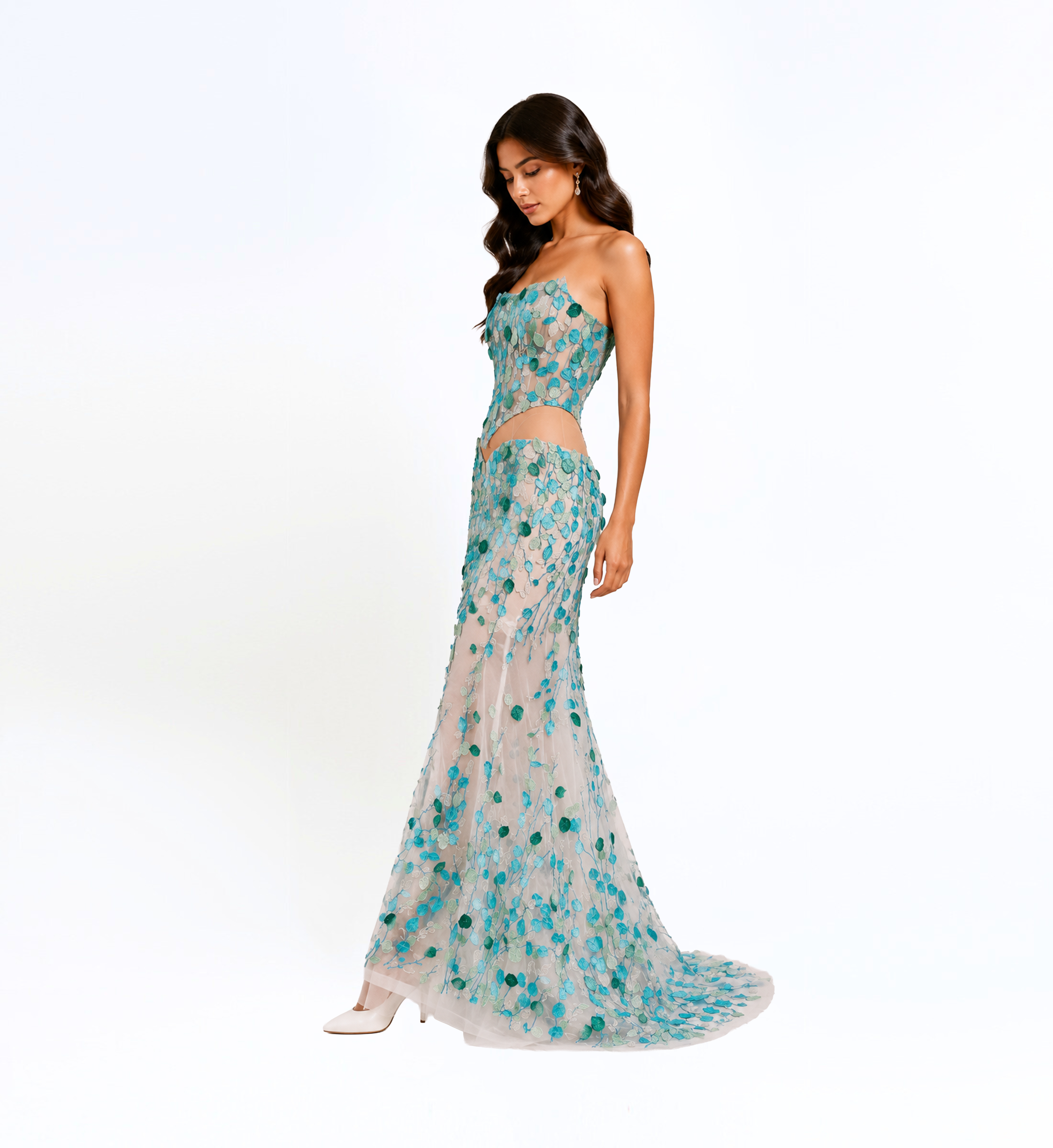 3D Thread Embroidered Long Dress