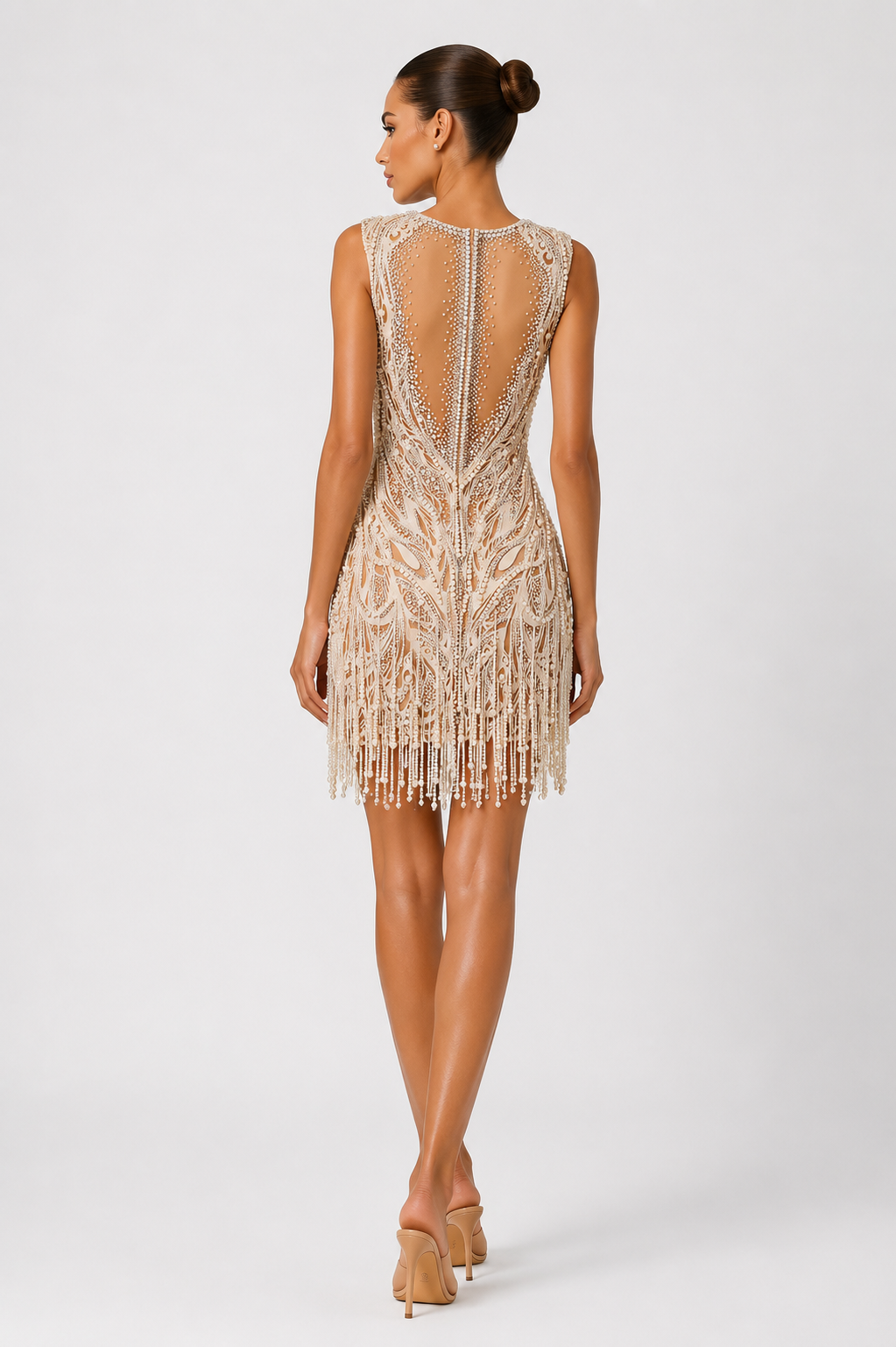 PEARL EMBELLISHED FRINGE MINI DRESS