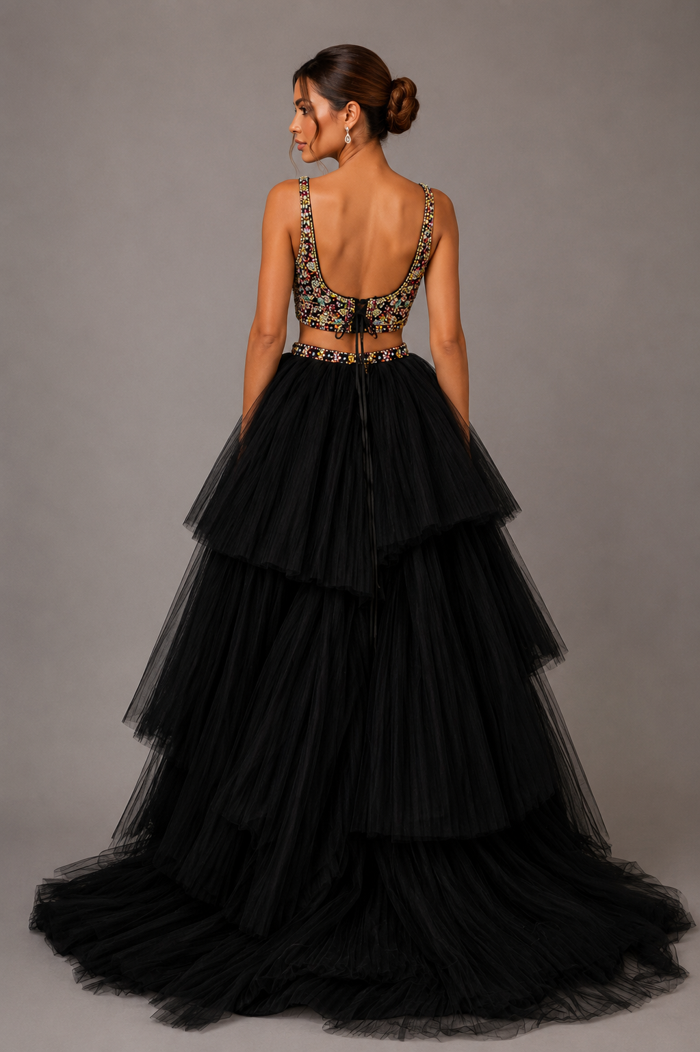 BLACK MULTICOLOR EMBELLISHED TULLE SKIRT SET