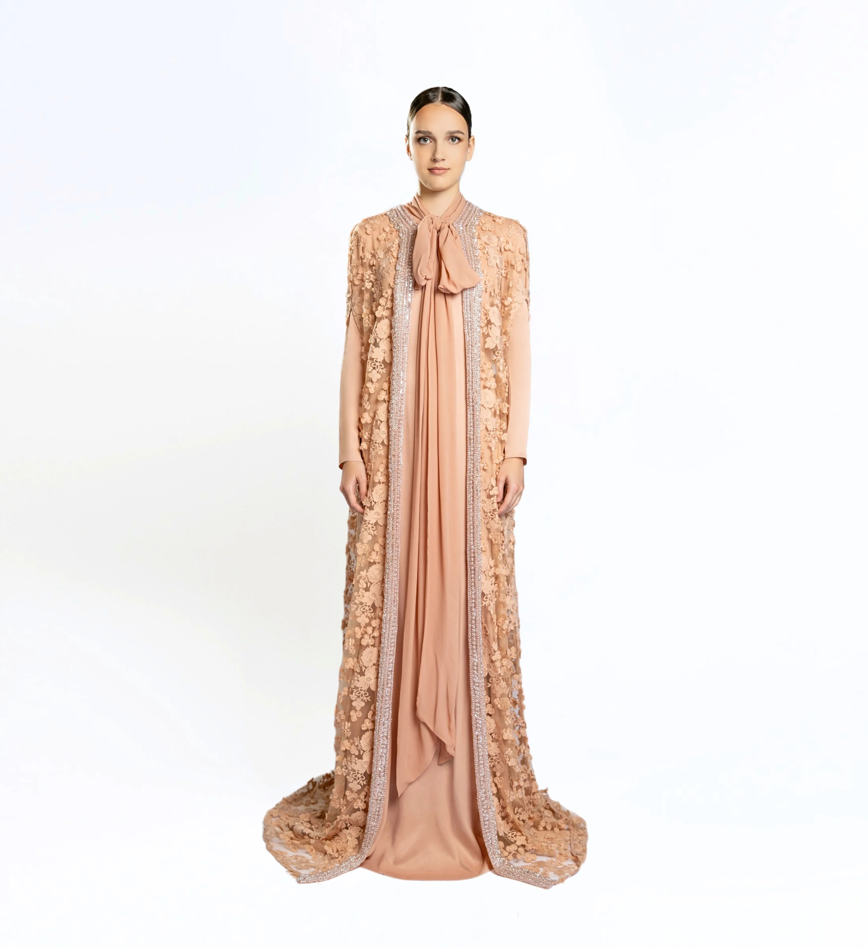 Embroidered cape gown - Light  Brown