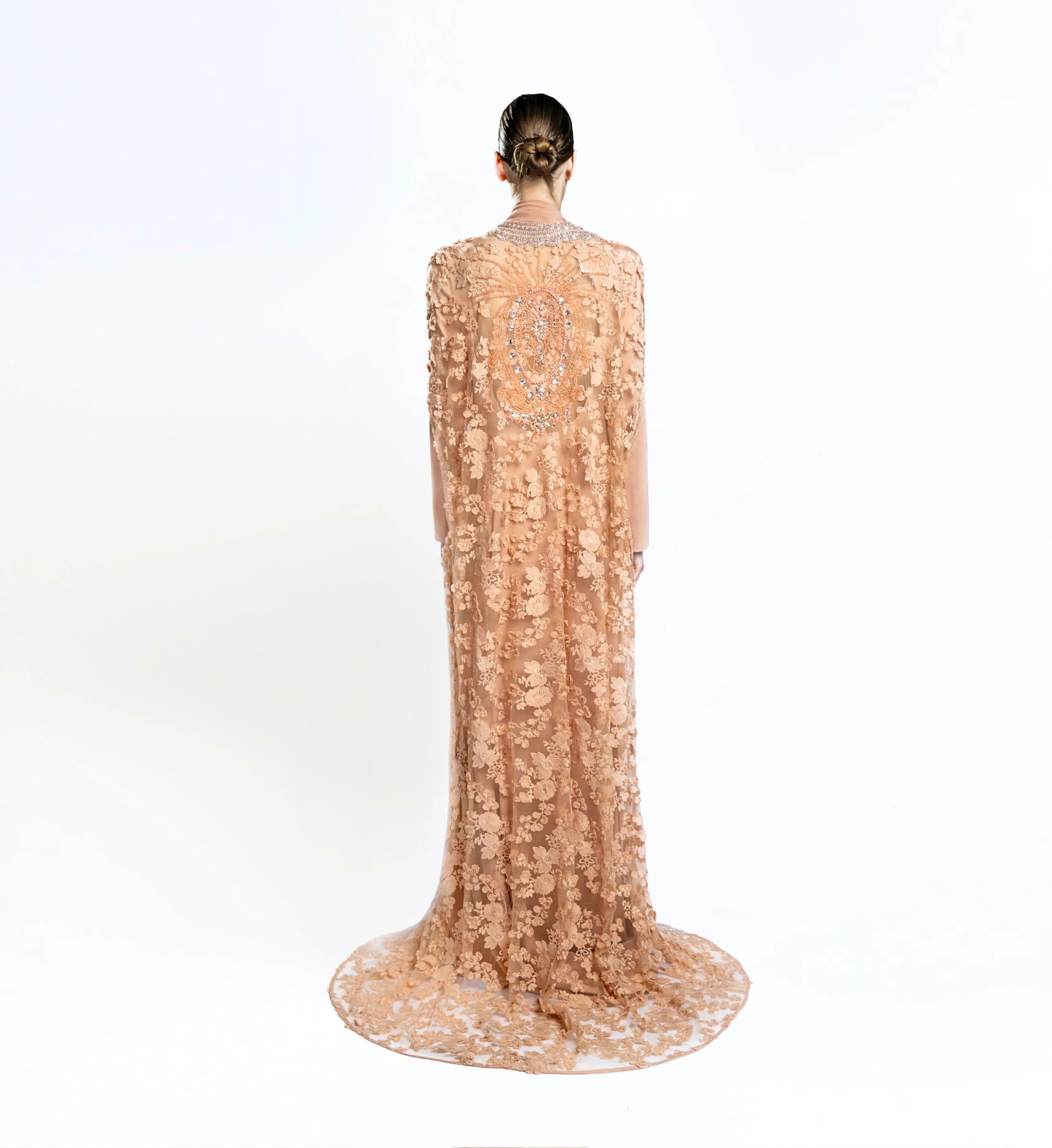 Embroidered cape gown - Light  Brown