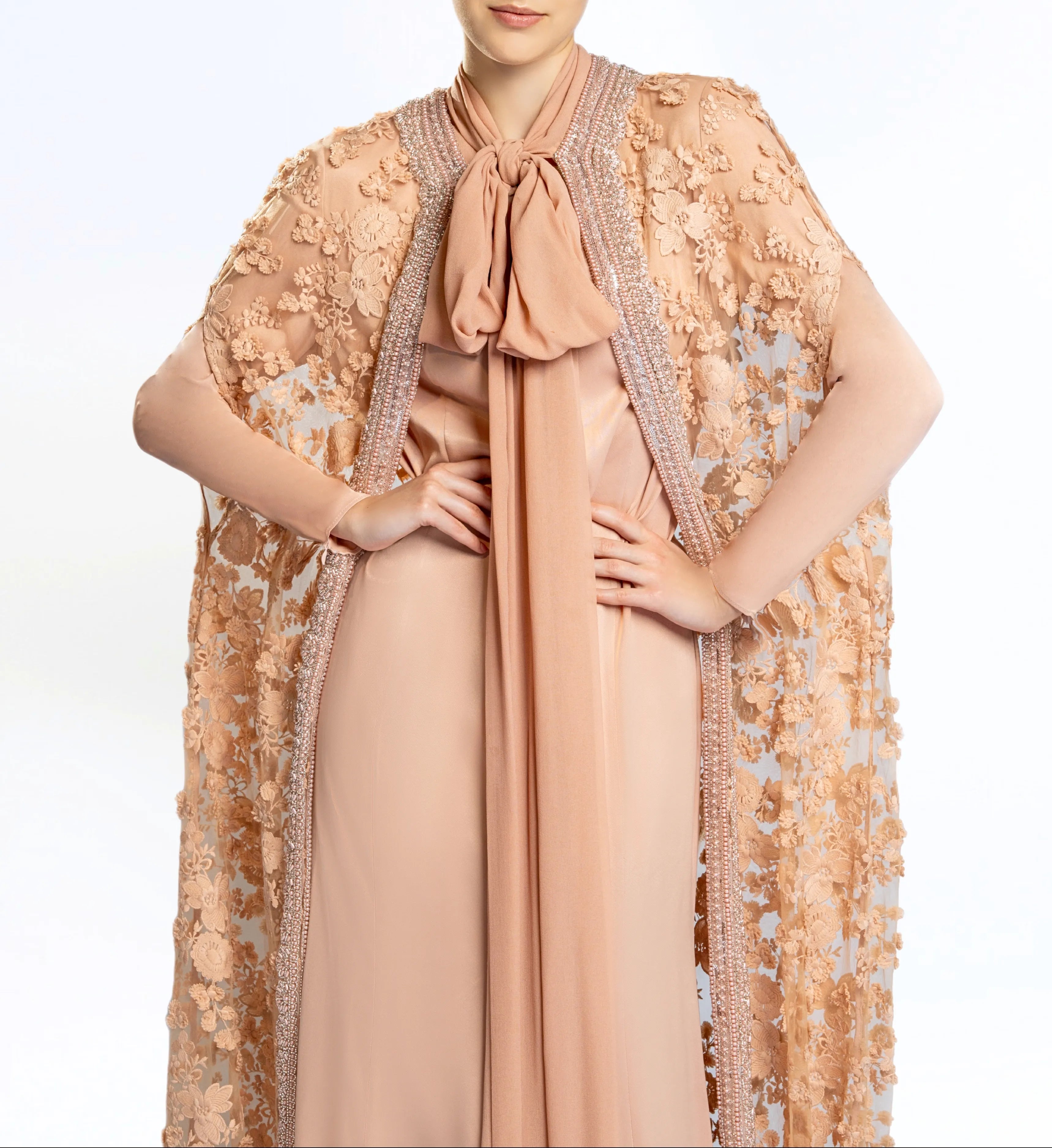 Embroidered cape gown - Light  Brown