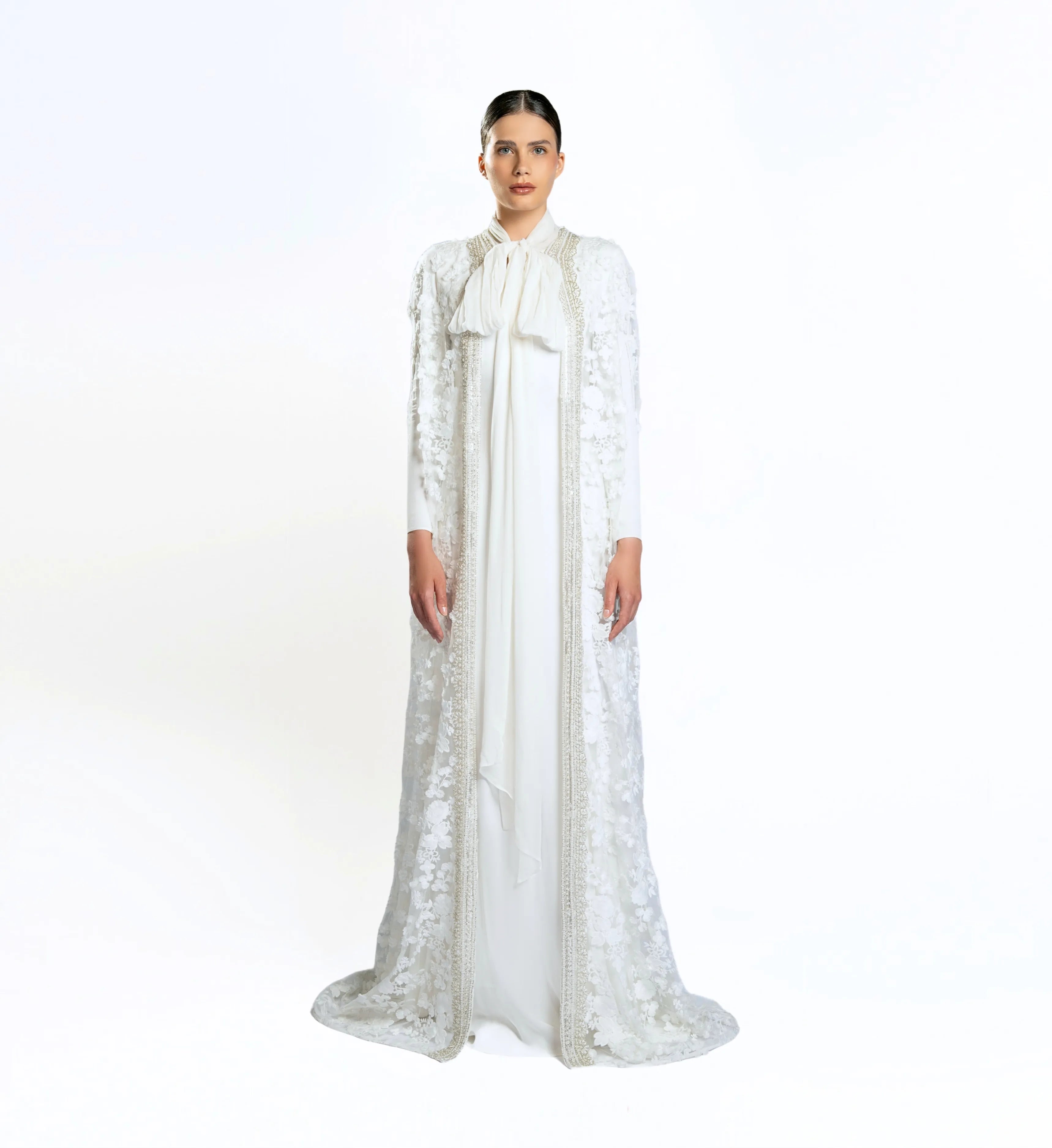 Embroidered Cape Gown - White