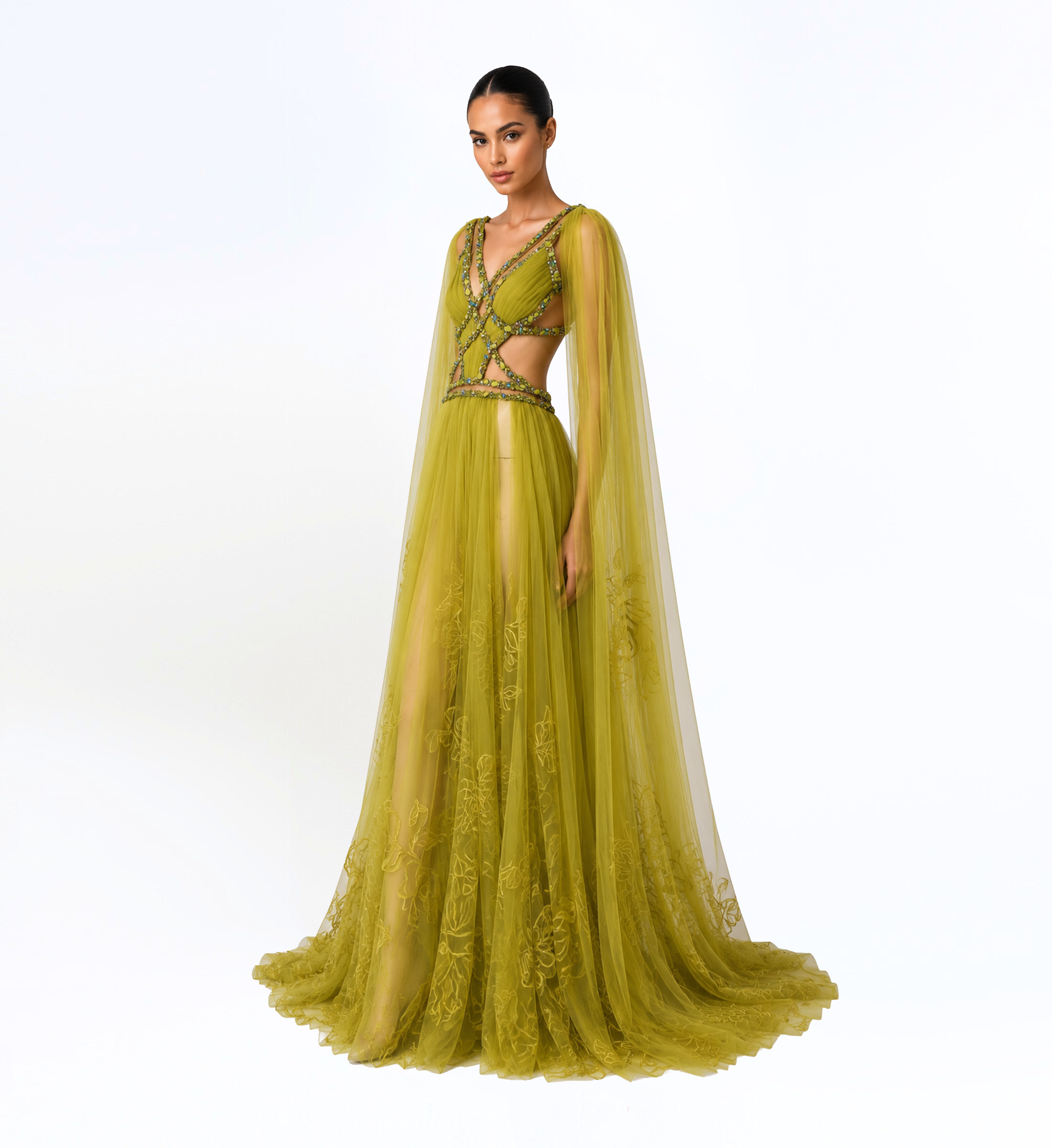 TULLE CUTOUT CAPE GOWN