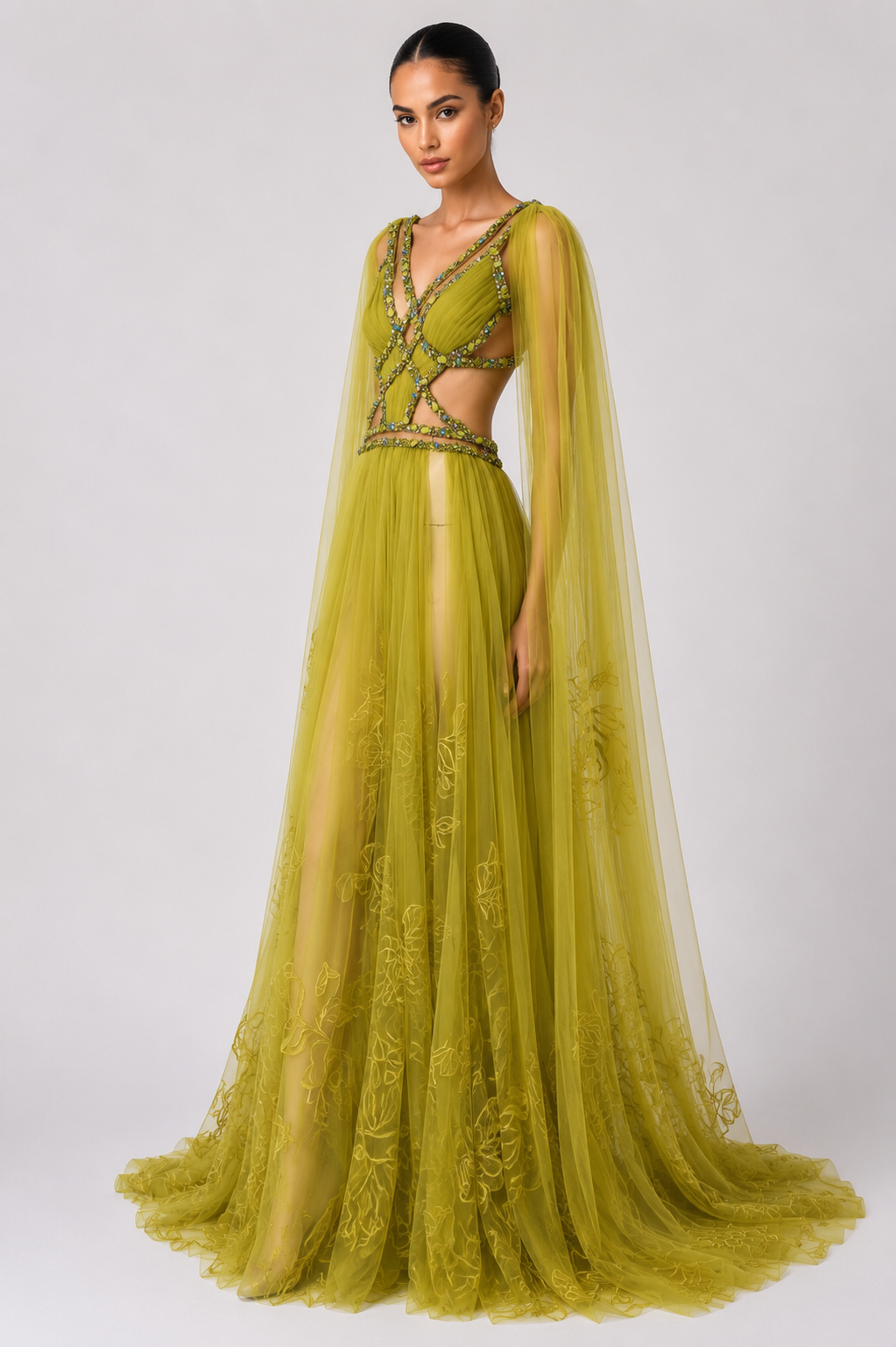 TULLE CUTOUT CAPE GOWN