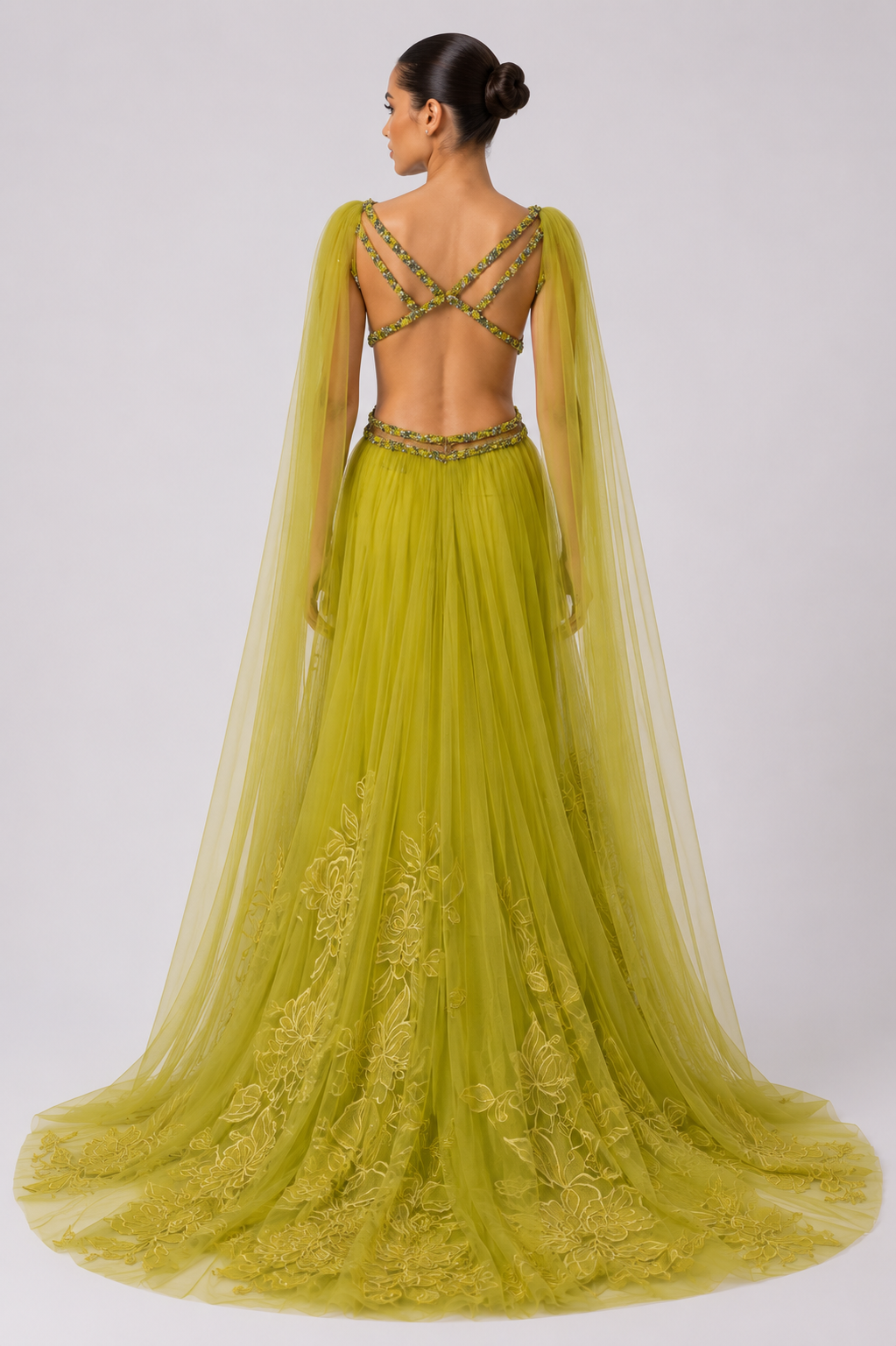 TULLE CUTOUT CAPE GOWN