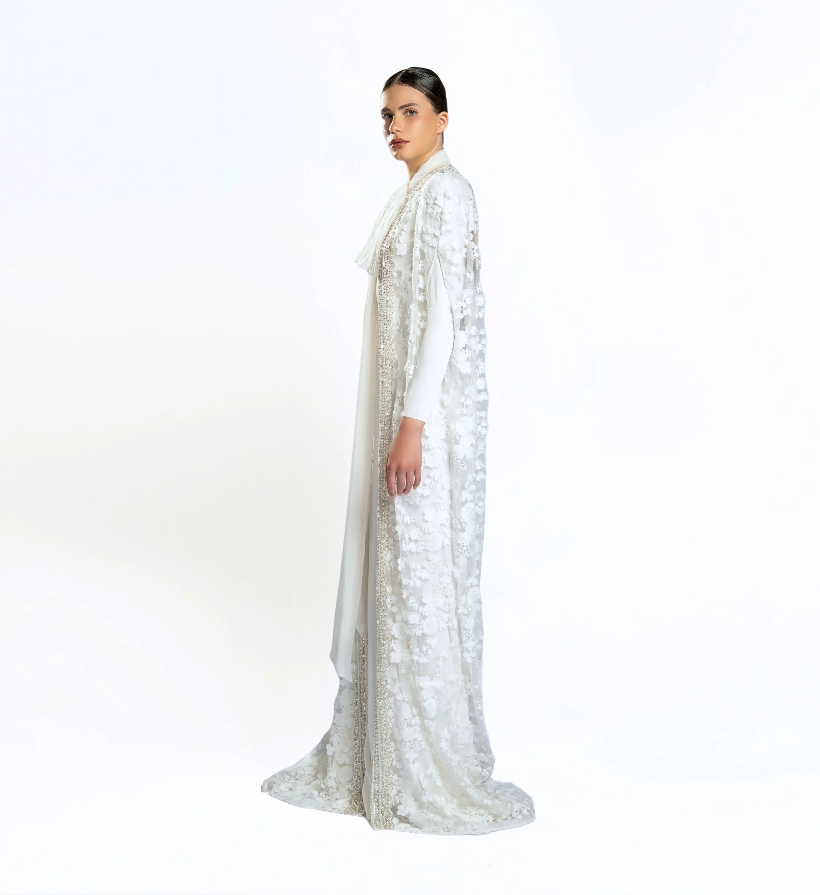 Embroidered Cape Gown - White