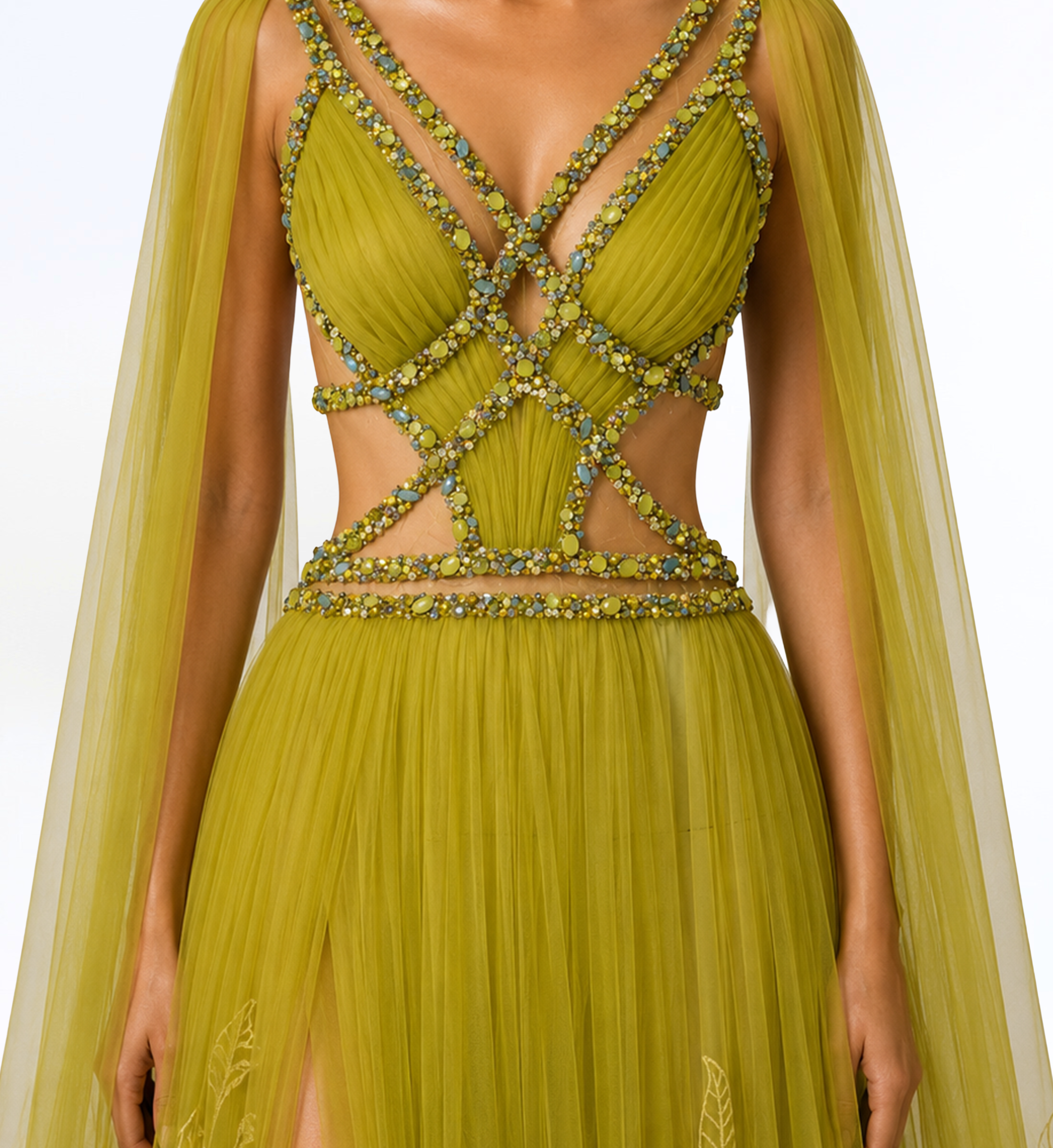 TULLE CUTOUT CAPE GOWN