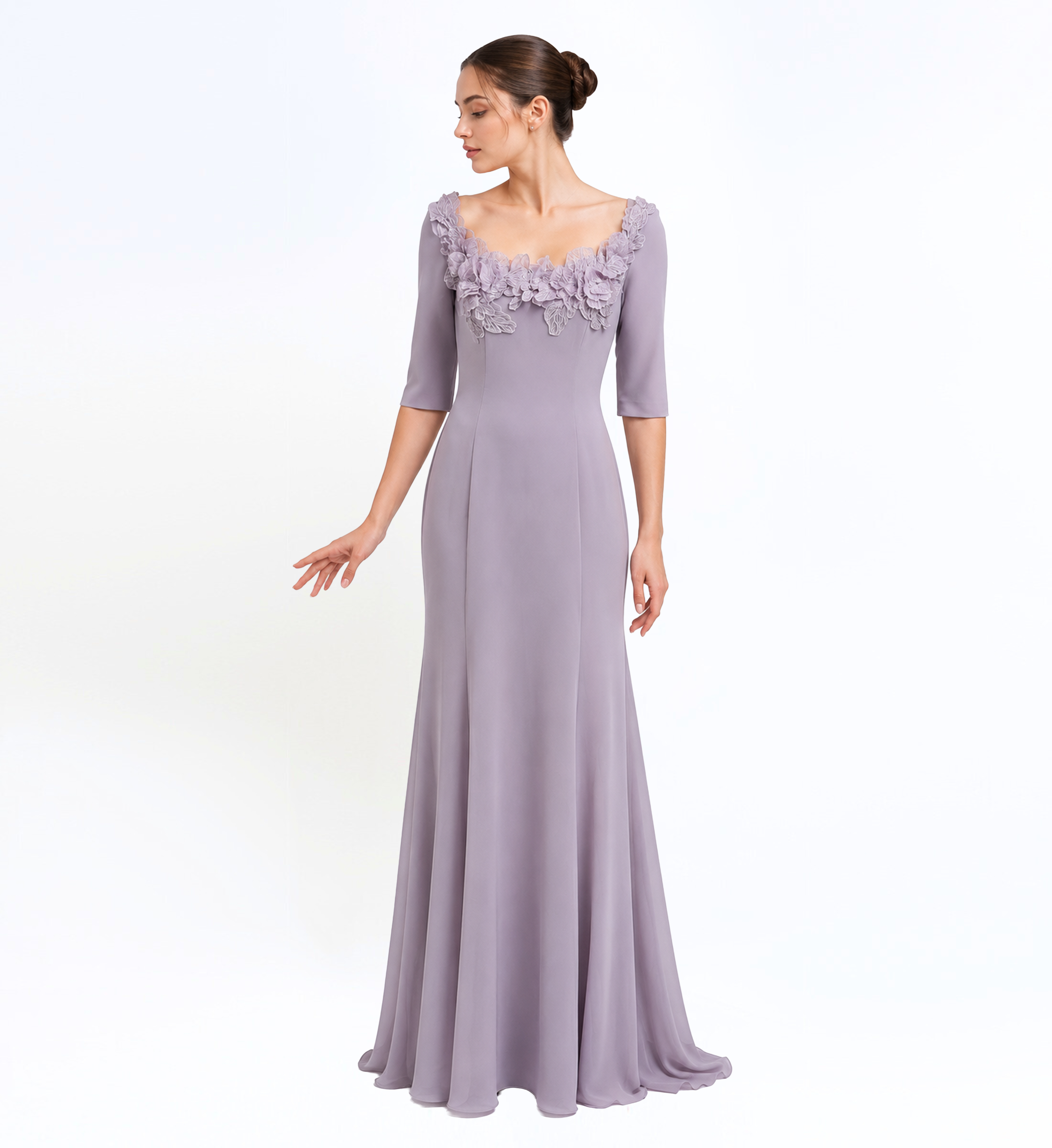 Crepe Embroidered Applique Long Dress