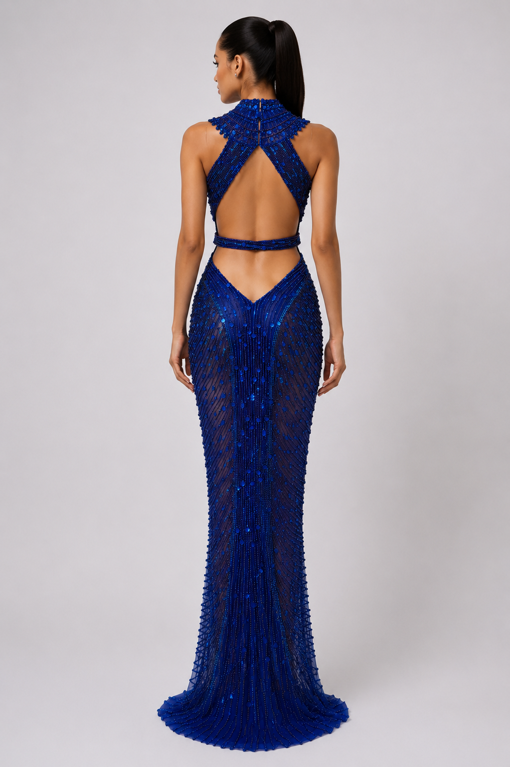 ROYAL BLUE ILLUSION BEADED GOWN