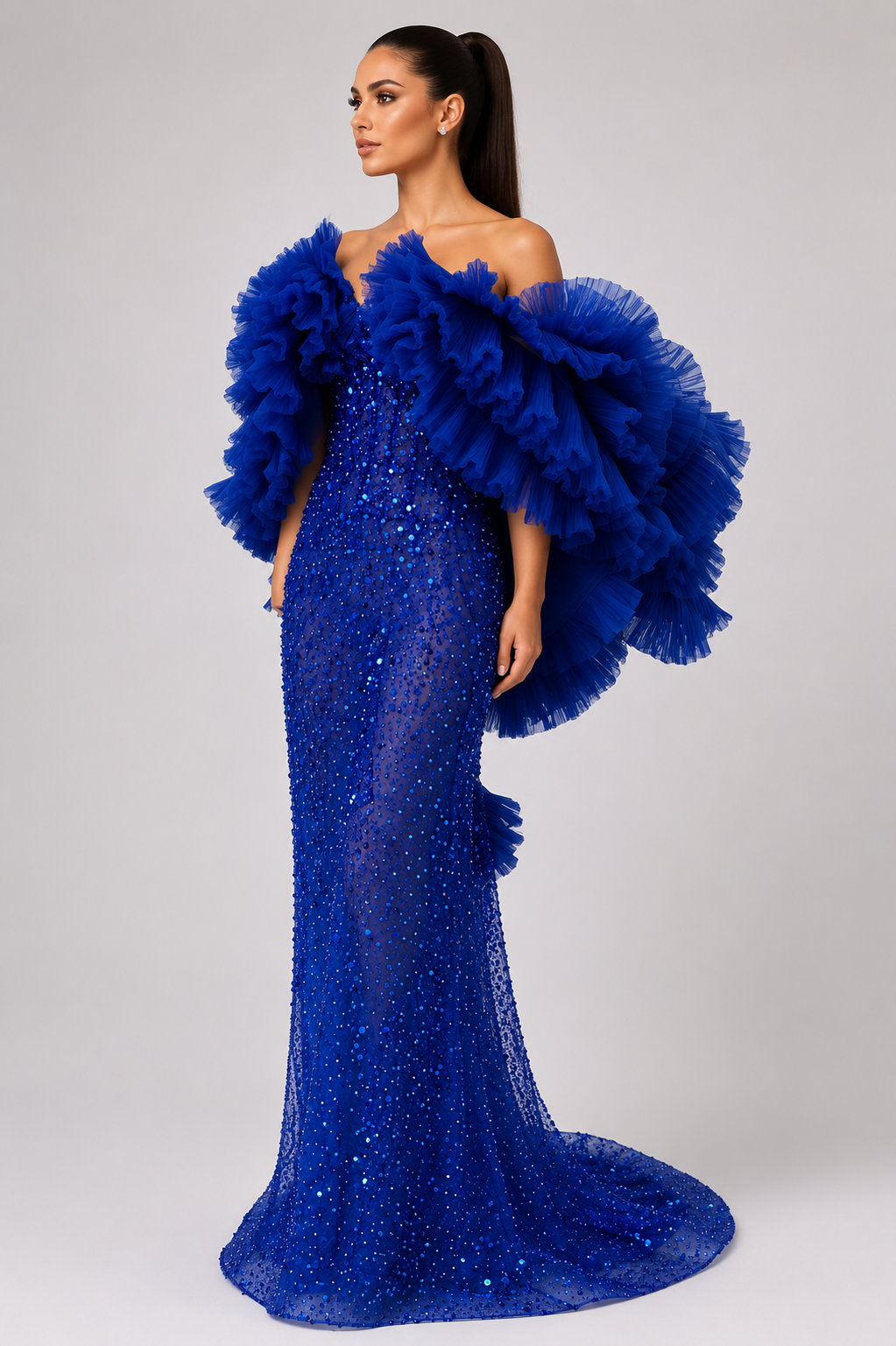 RUFFLE EMBELLISHED GOWN