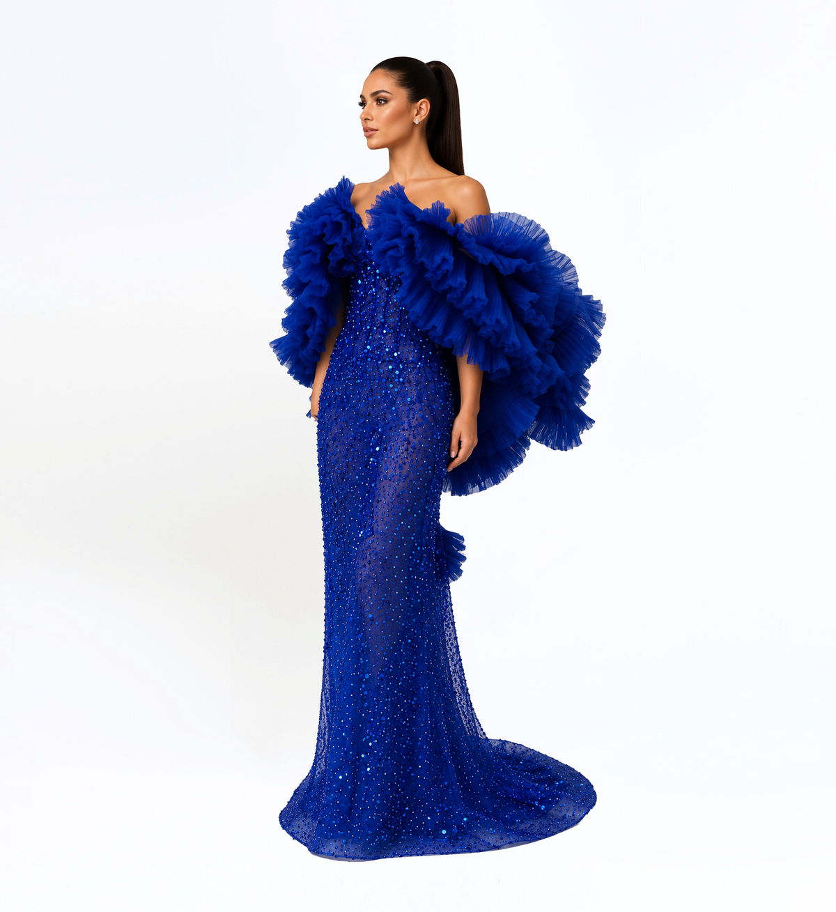 RUFFLE EMBELLISHED GOWN