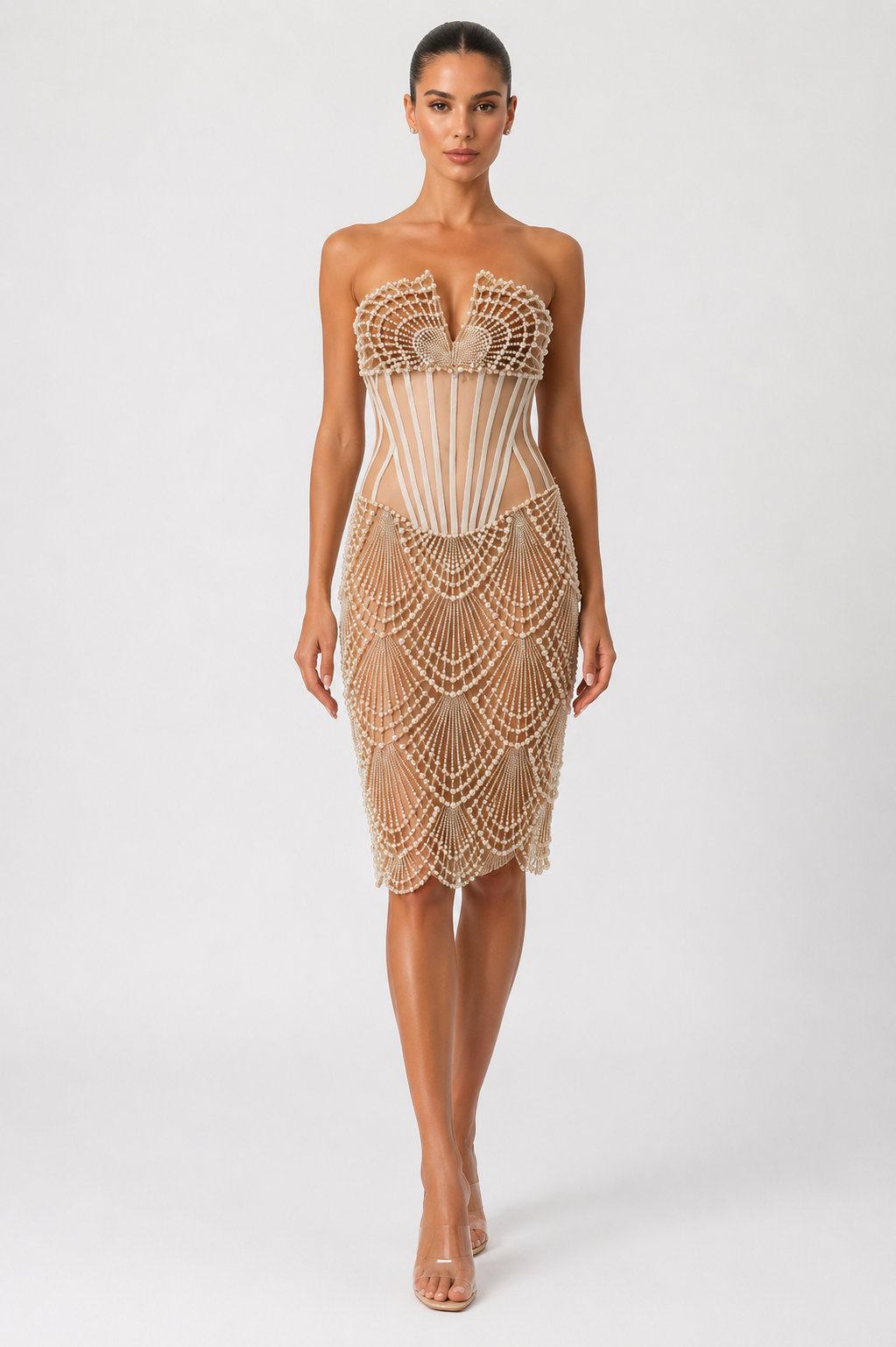 STRAPLESS PEARL MIDI DRESS