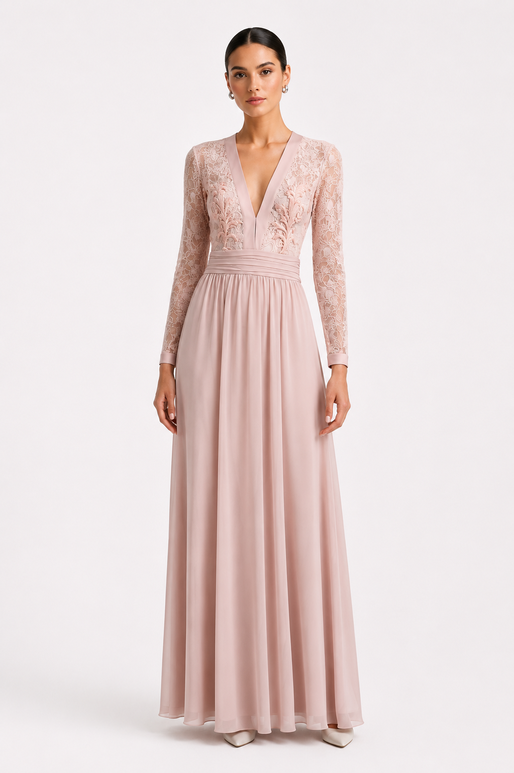 Crepe Dantelle Long Dress