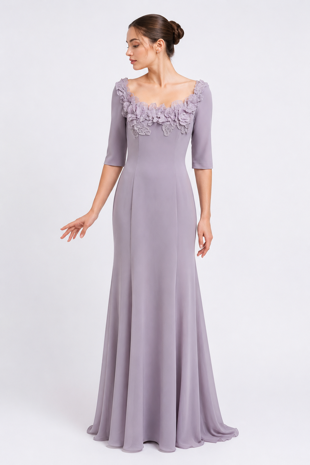 Crepe Embroidered Applique Long Dress