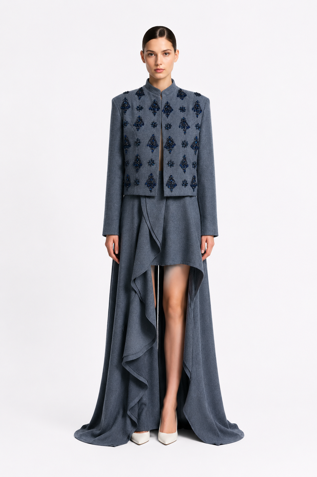 Beaed Wool Blazer And Skirt Set