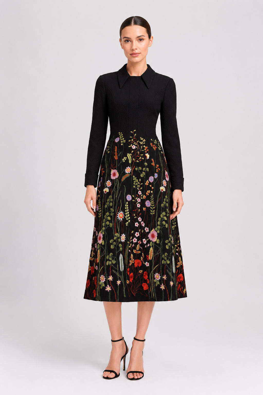 Thread Embroidered Longsleeves Midi Dress