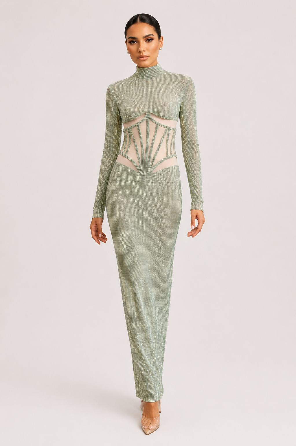 Beaded Tulle Corset Long Dress