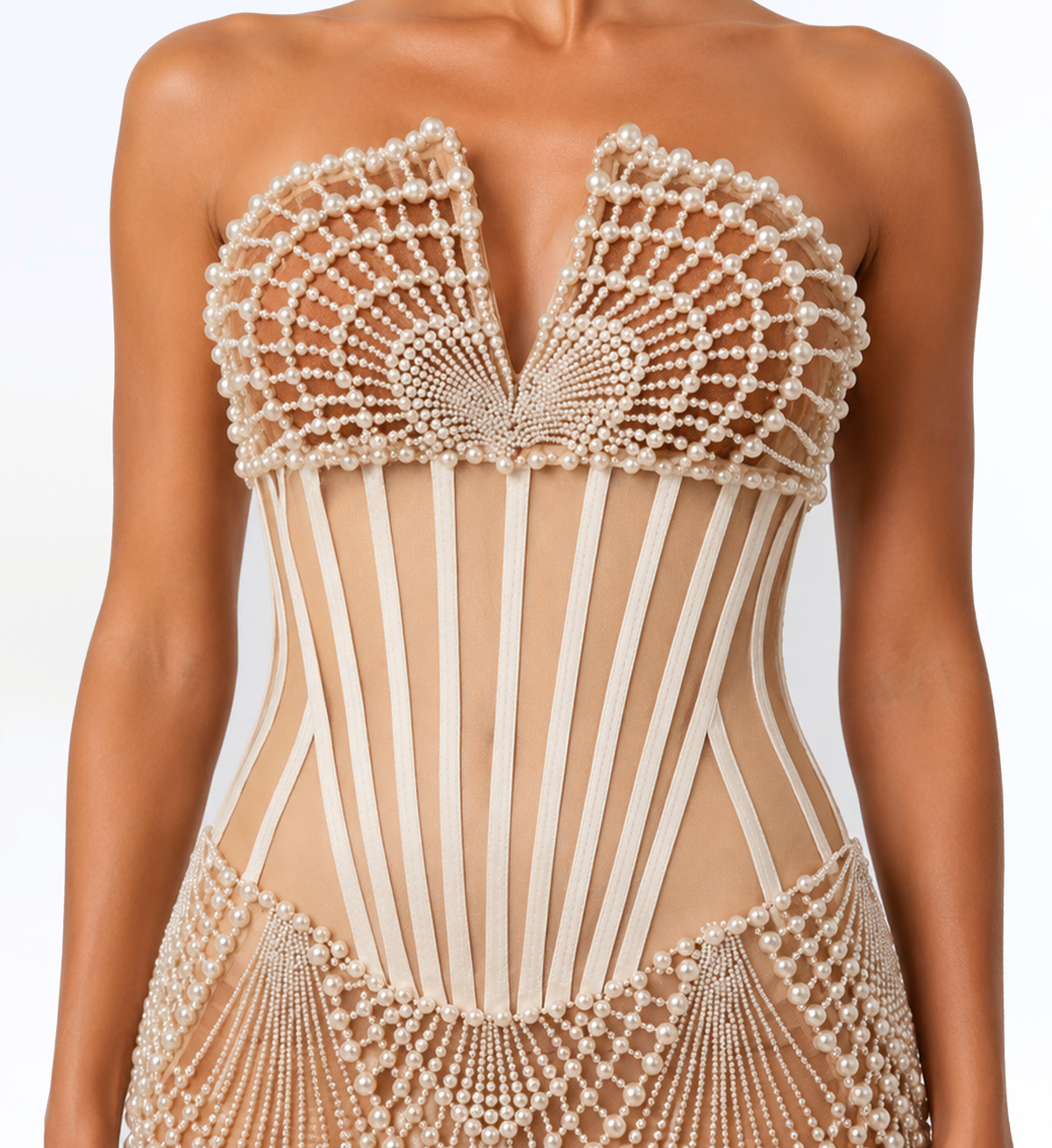 STRAPLESS PEARL MIDI DRESS