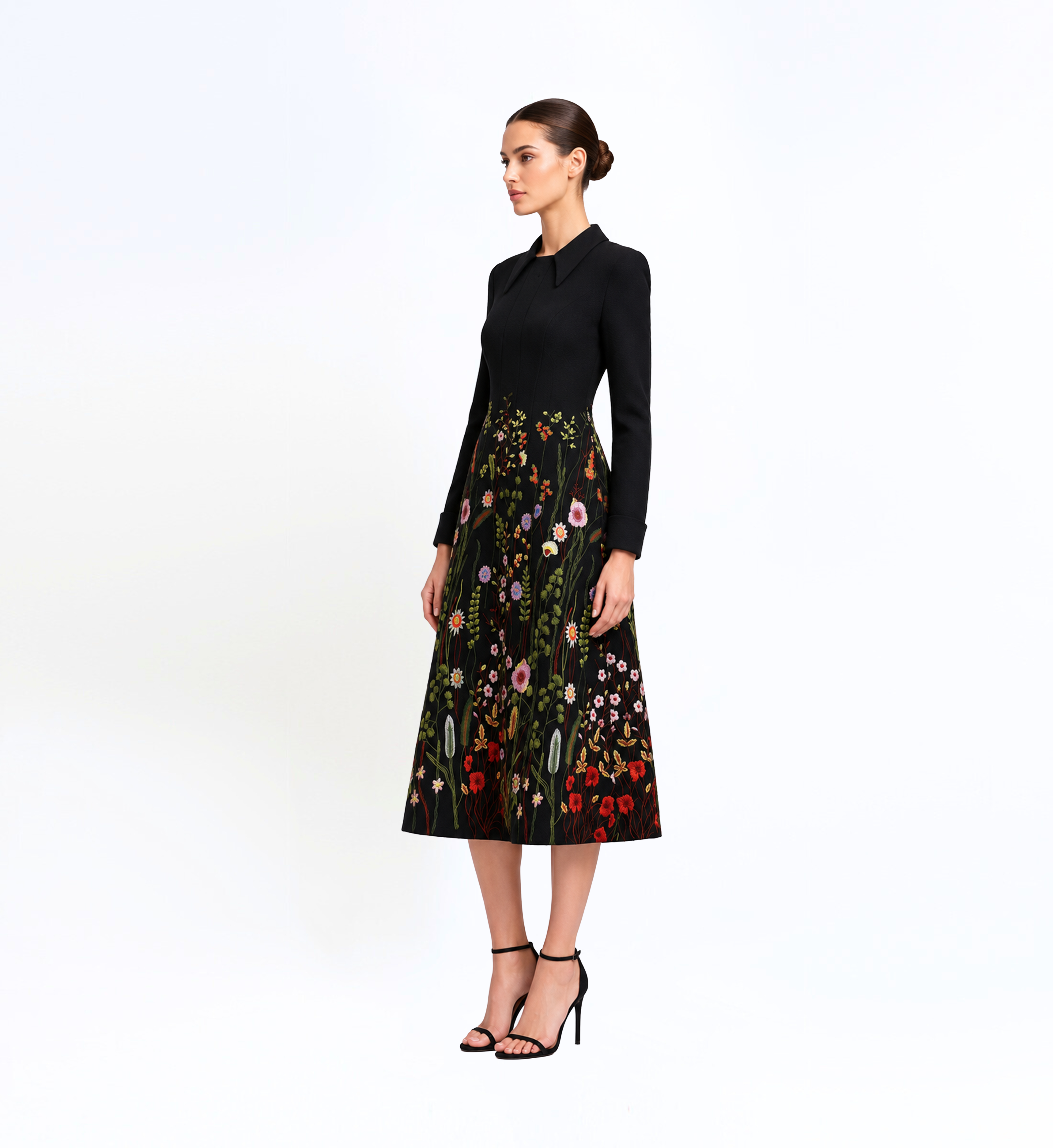 Thread Embroidered Longsleeves Midi Dress