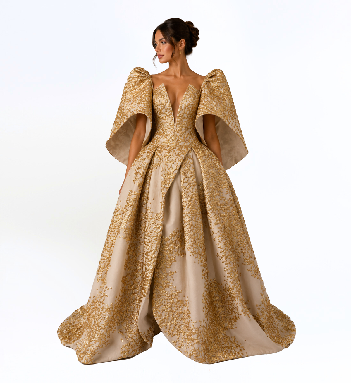 IVORY AND GOLD SCULPTURAL BALL GOWN