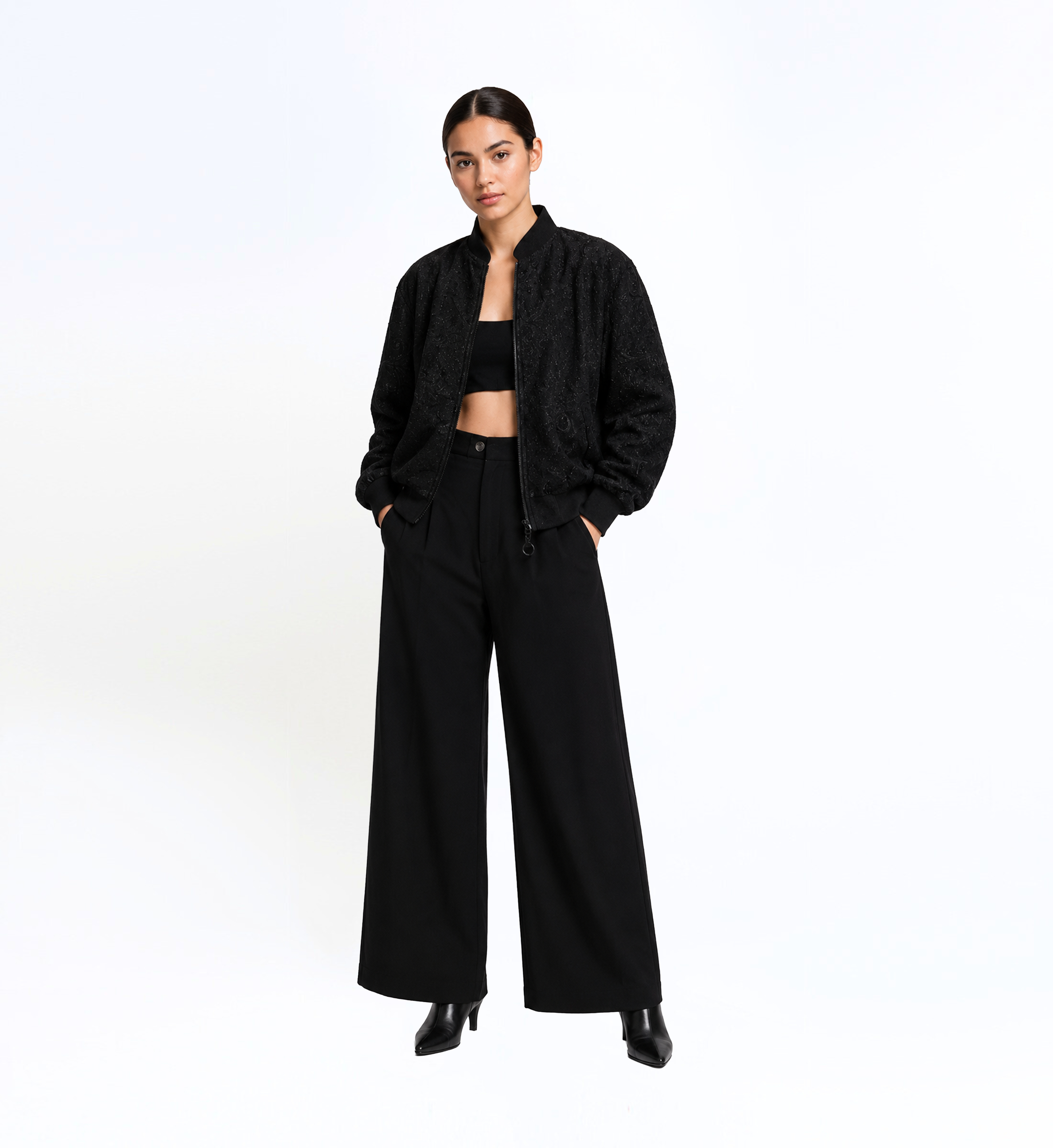 Embroidered Crepe Bomber Jacket