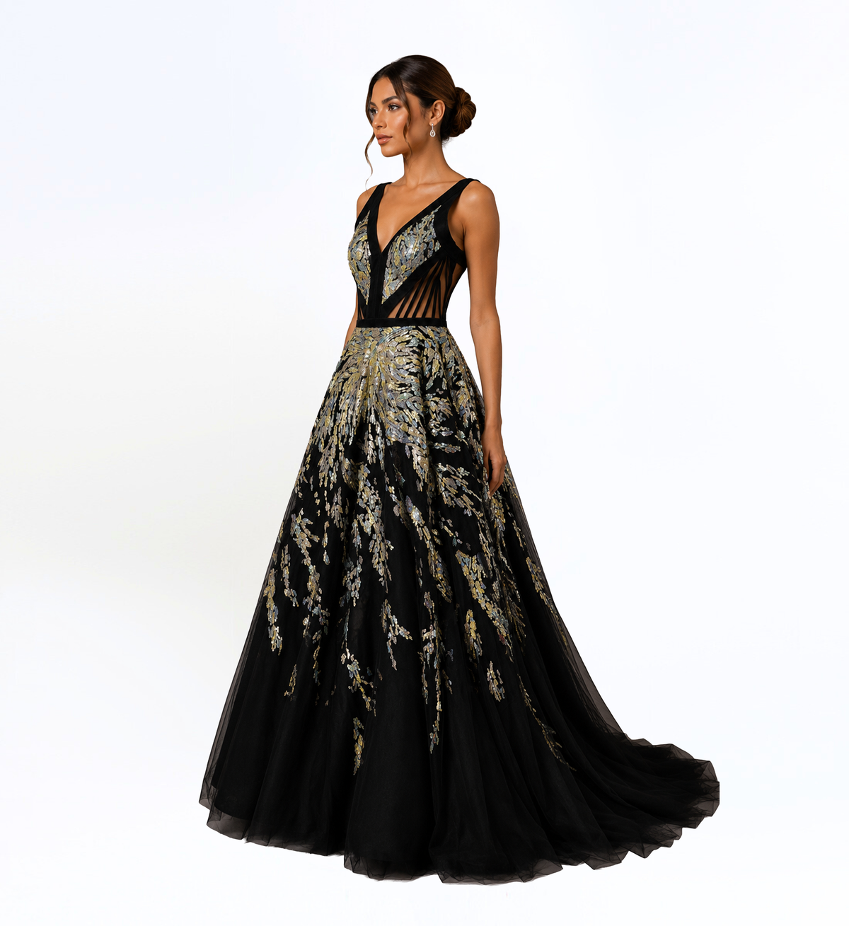 BLACK EMBELLISHED TULLE BALL GOWN
