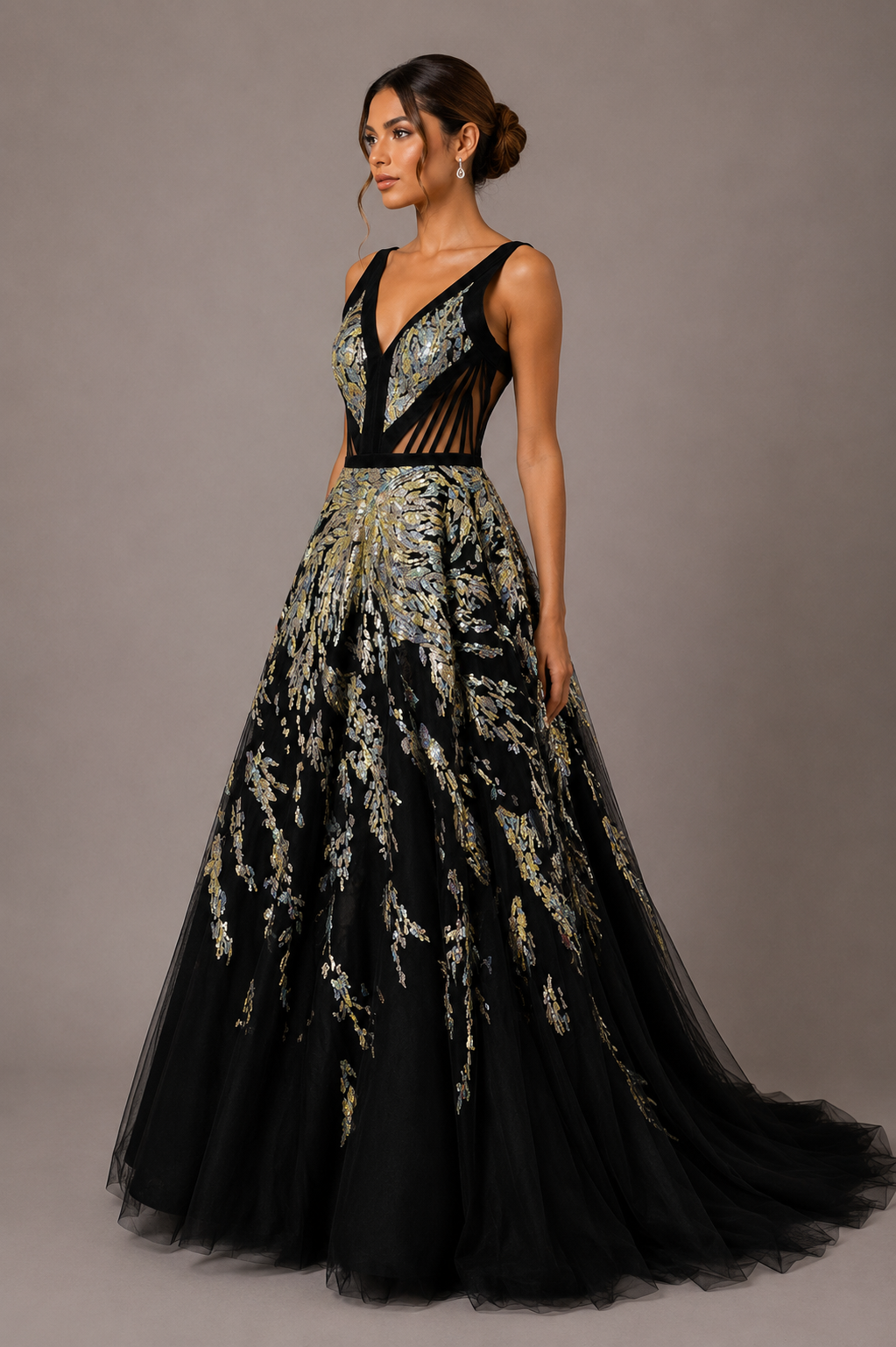 BLACK EMBELLISHED TULLE BALL GOWN