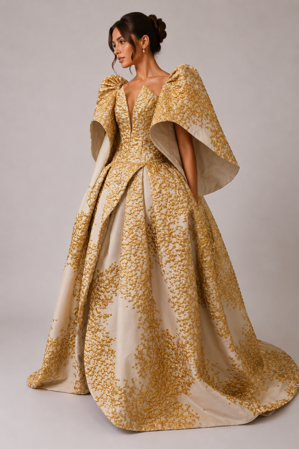 IVORY AND GOLD SCULPTURAL BALL GOWN