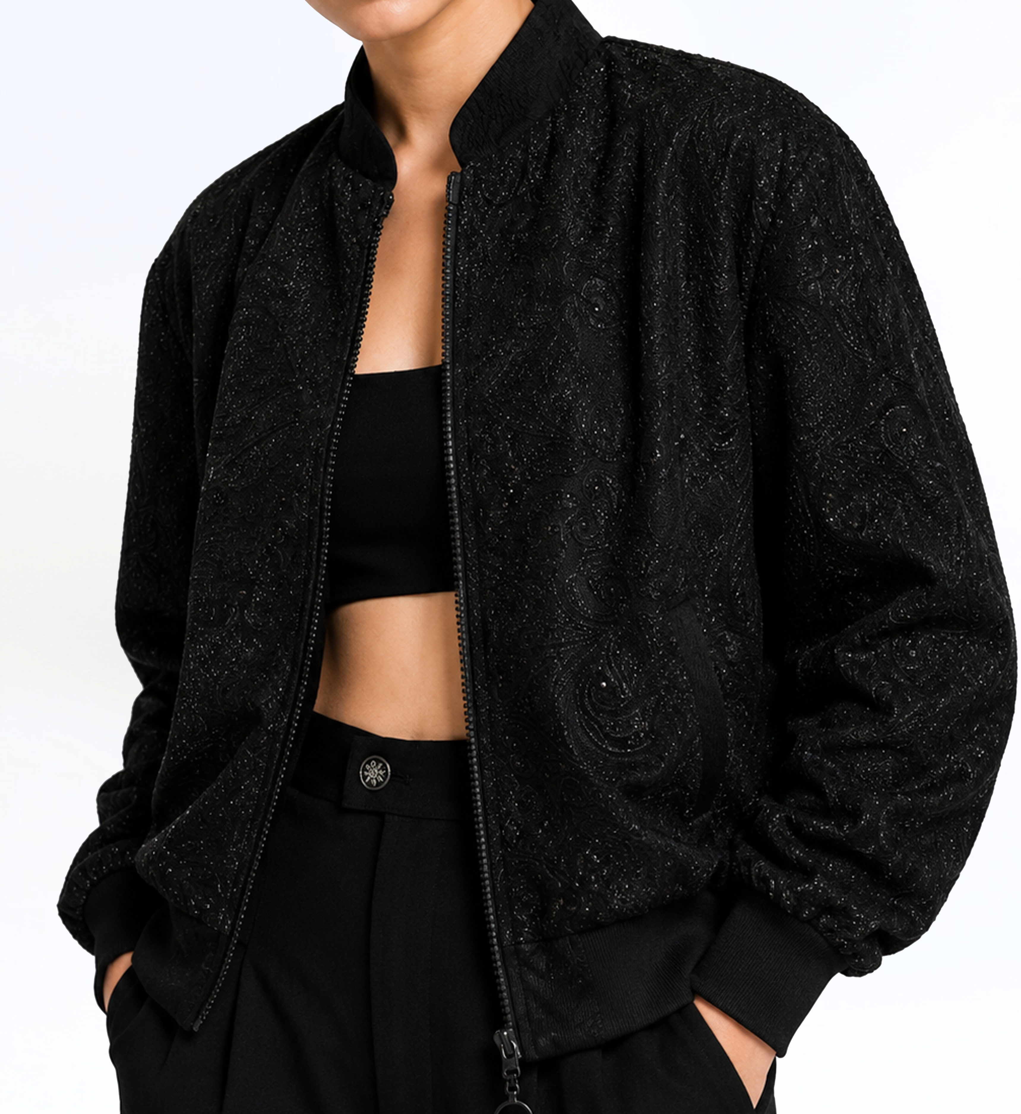 Embroidered Crepe Bomber Jacket