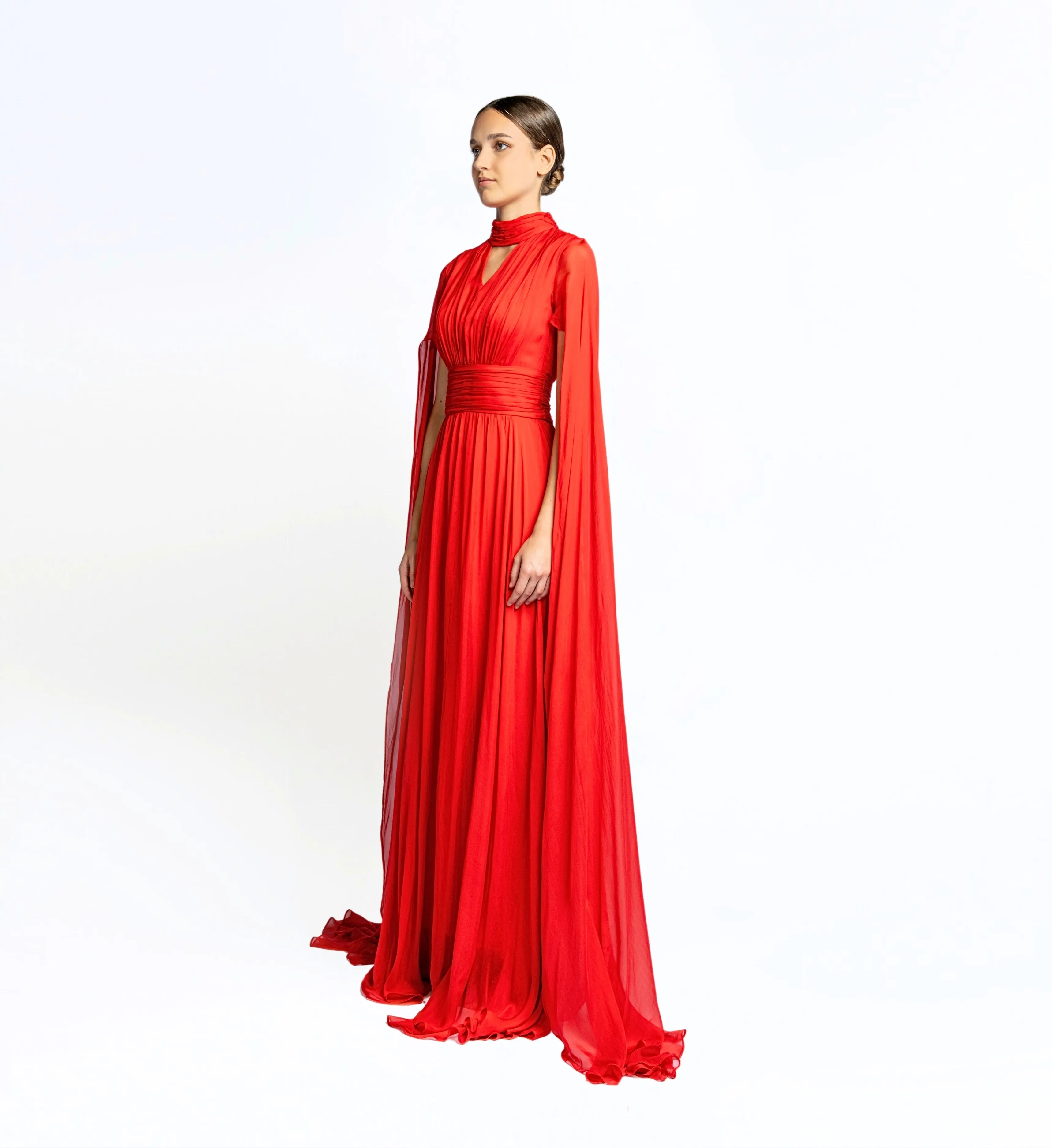 Silk Dress with Cape - Lava Red