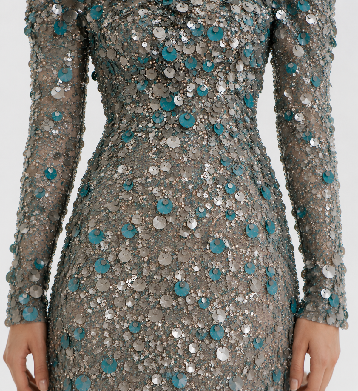 SILVER BLUE EMBELLISHED FEATHER GOWN