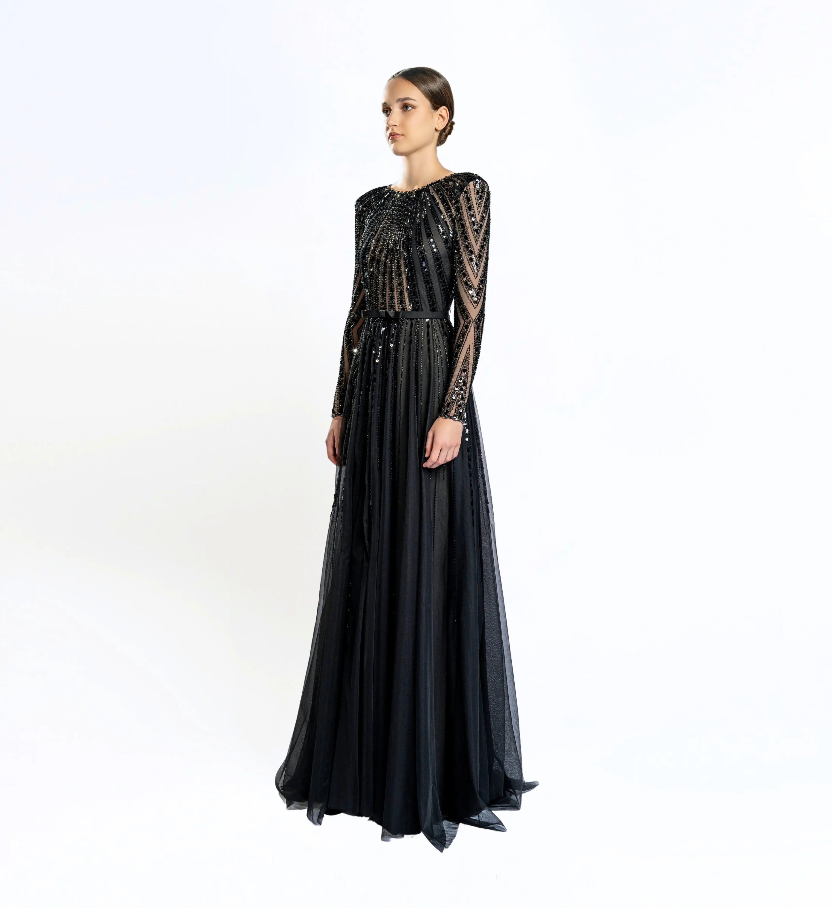 Beaded Longsleeves Dress – Black
