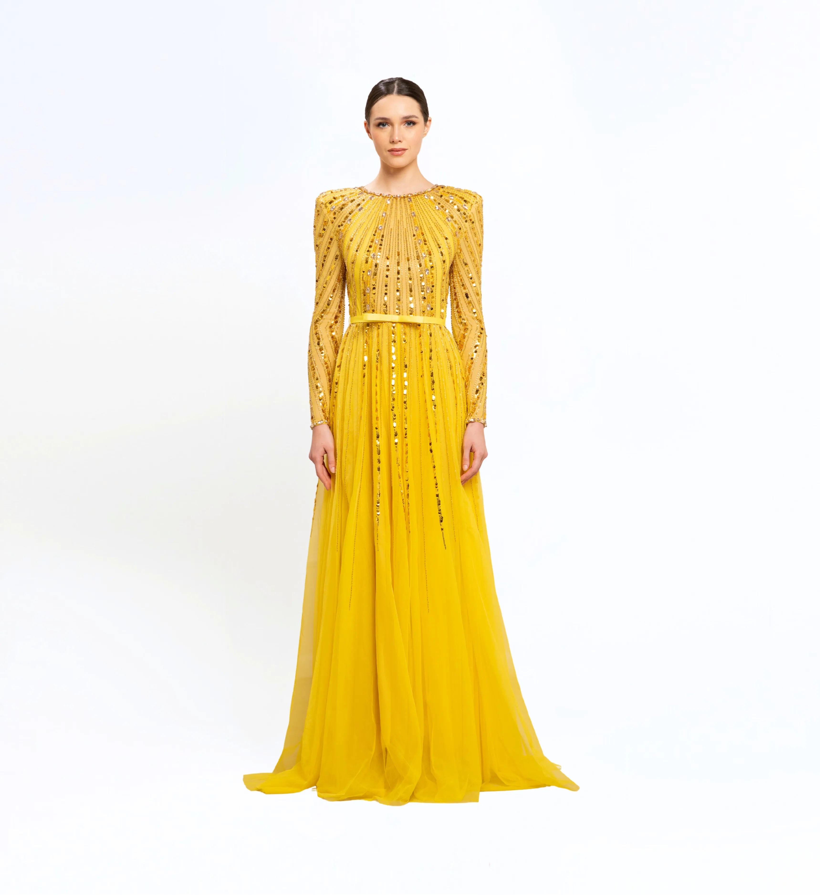 Beaded Longsleeves Dress – Gold