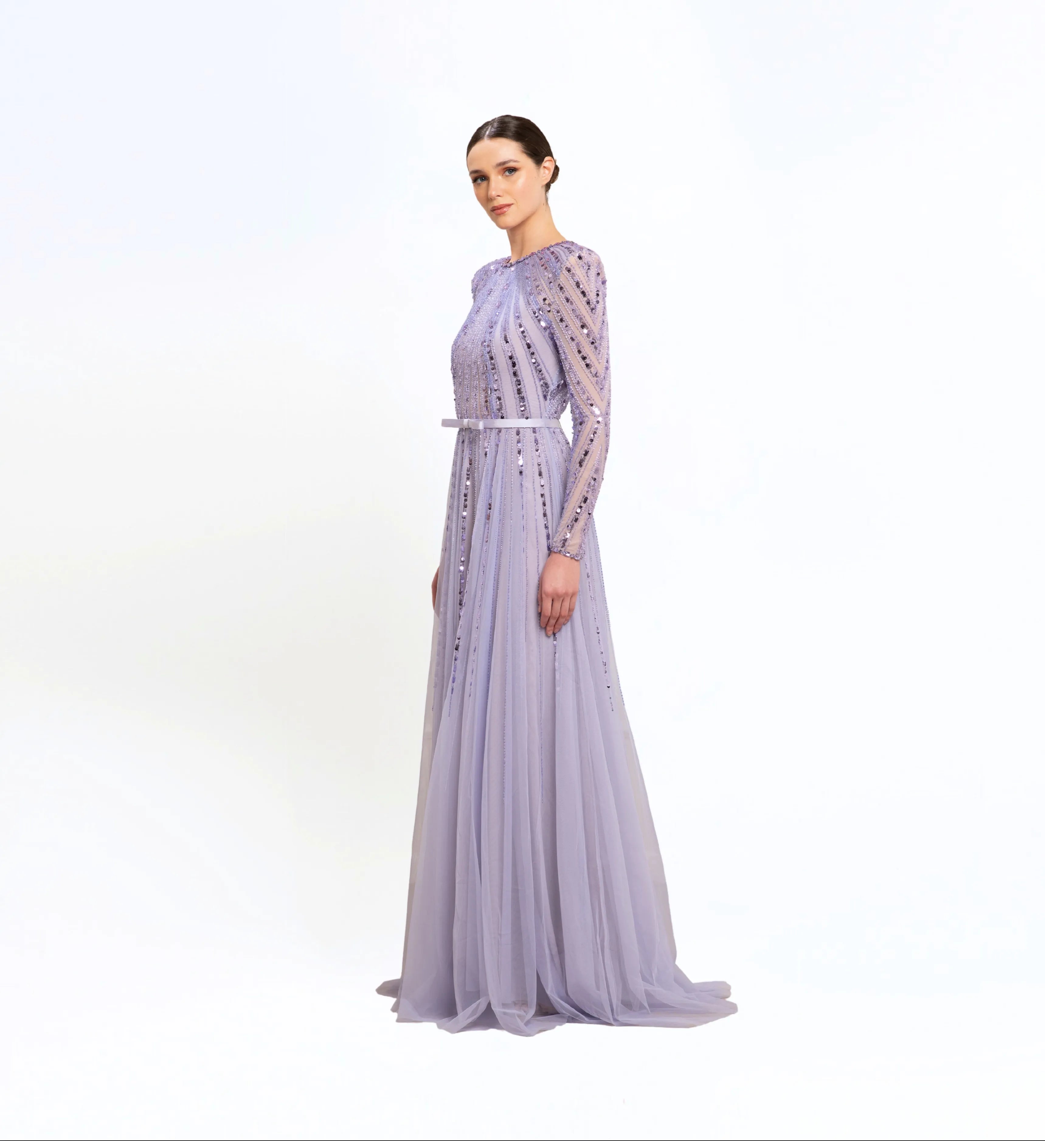 Beaded Longsleeves Dress – Silver Blue