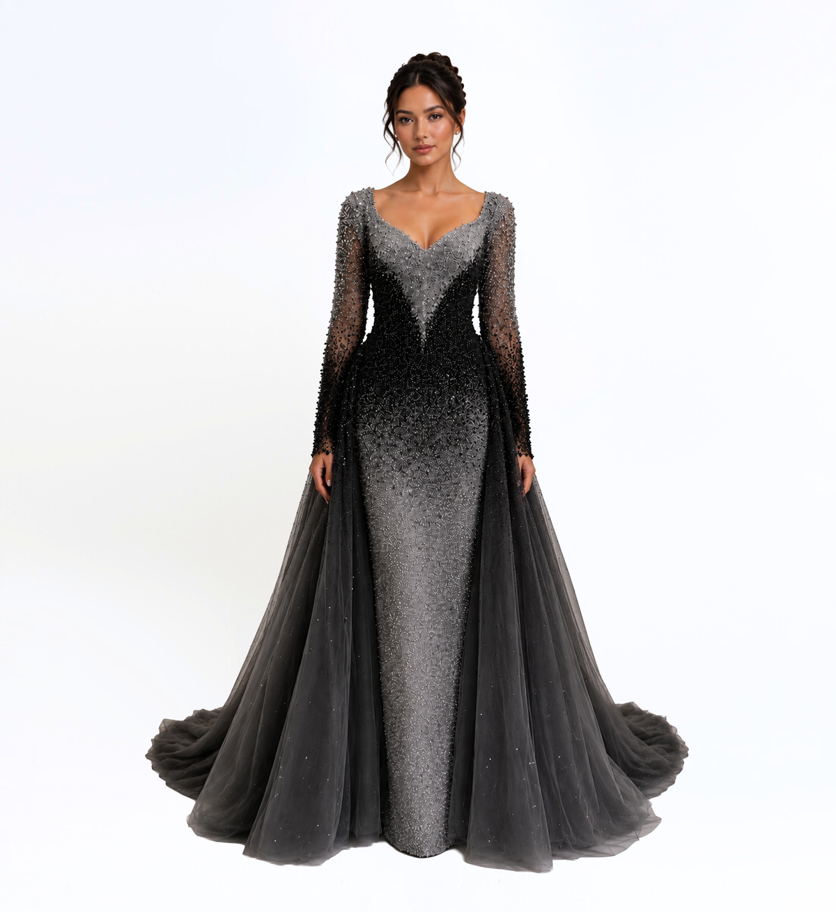 OMBRE EMBELLISHED GOWN WITH TULLE OVERSKIRT
