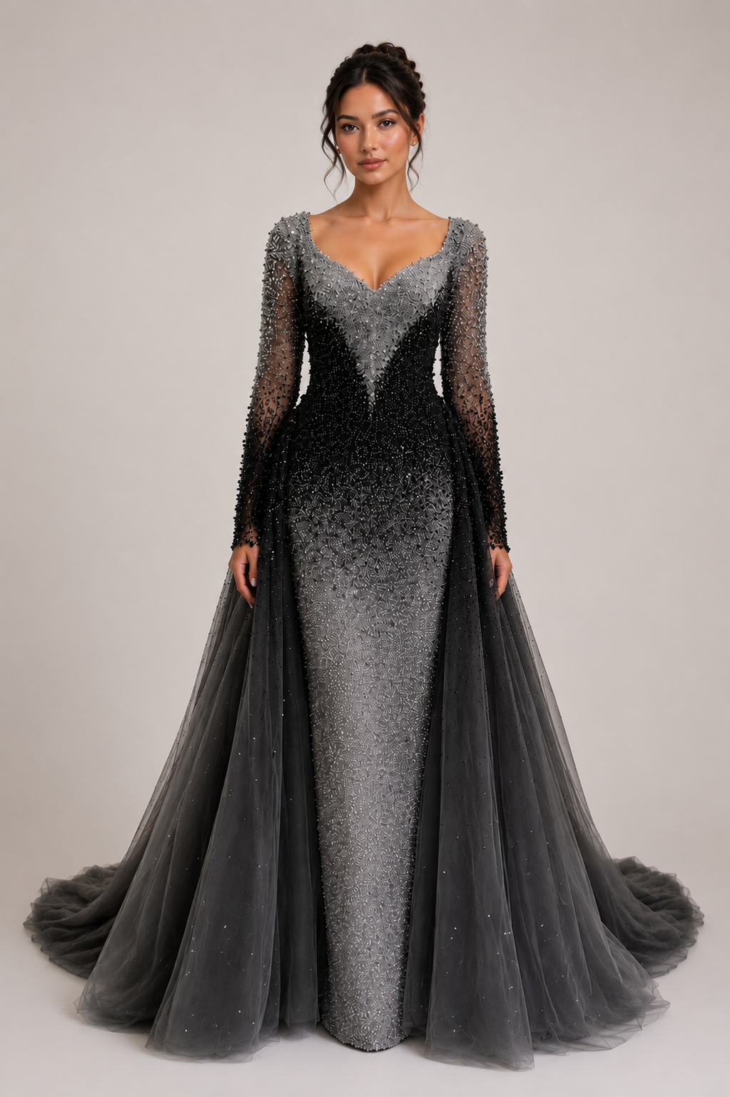OMBRE EMBELLISHED GOWN WITH TULLE OVERSKIRT