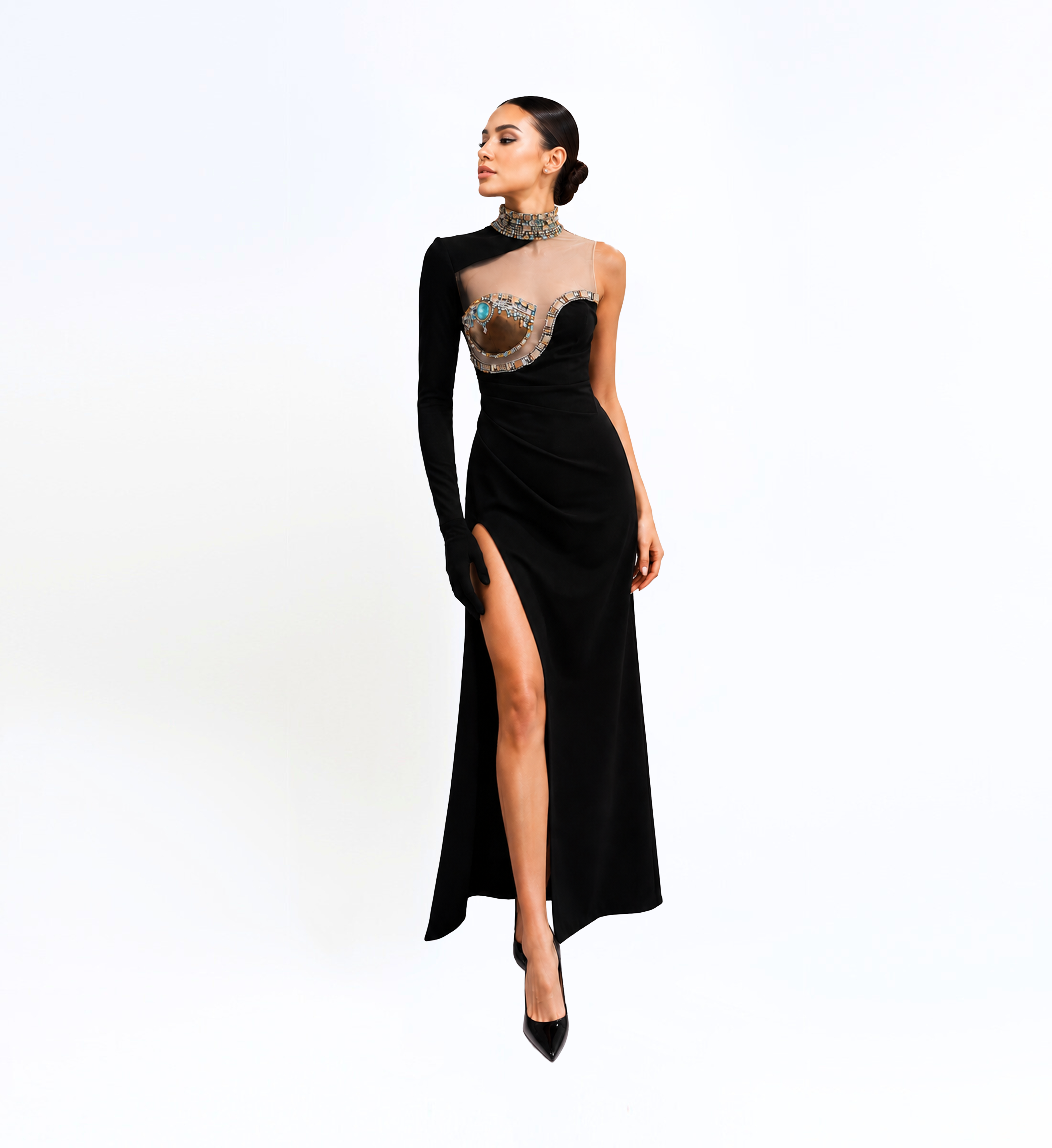 Crepe Beaded Tulle Assymetric Long Dress