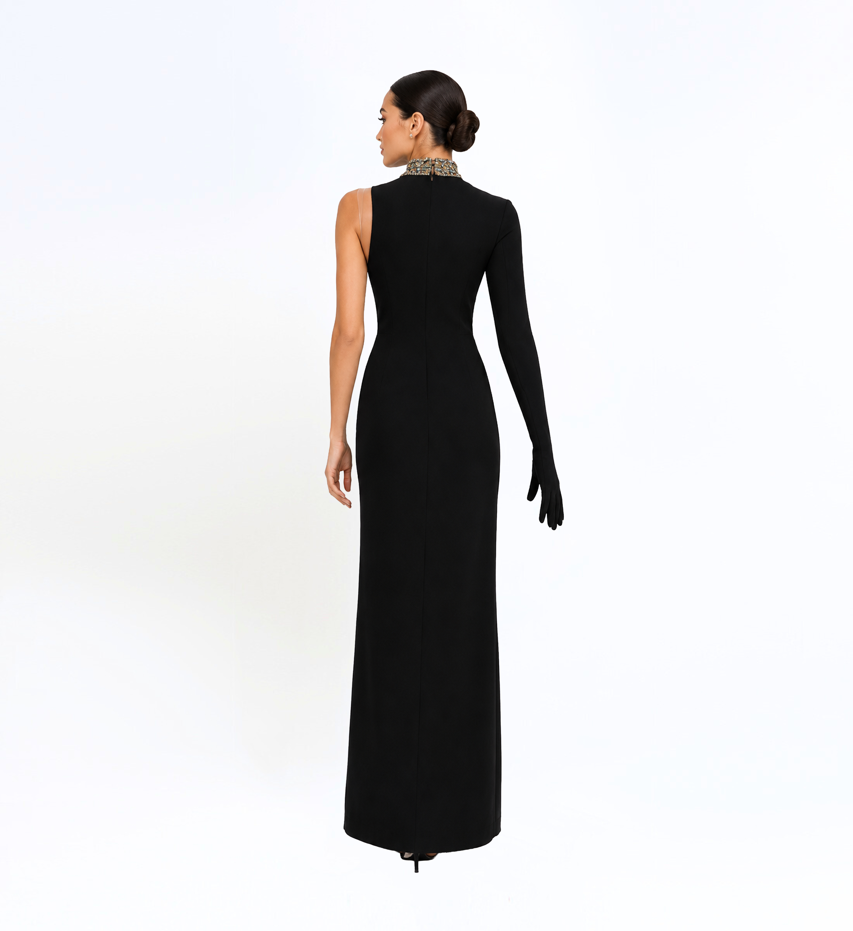 Crepe Beaded Tulle Assymetric Long Dress