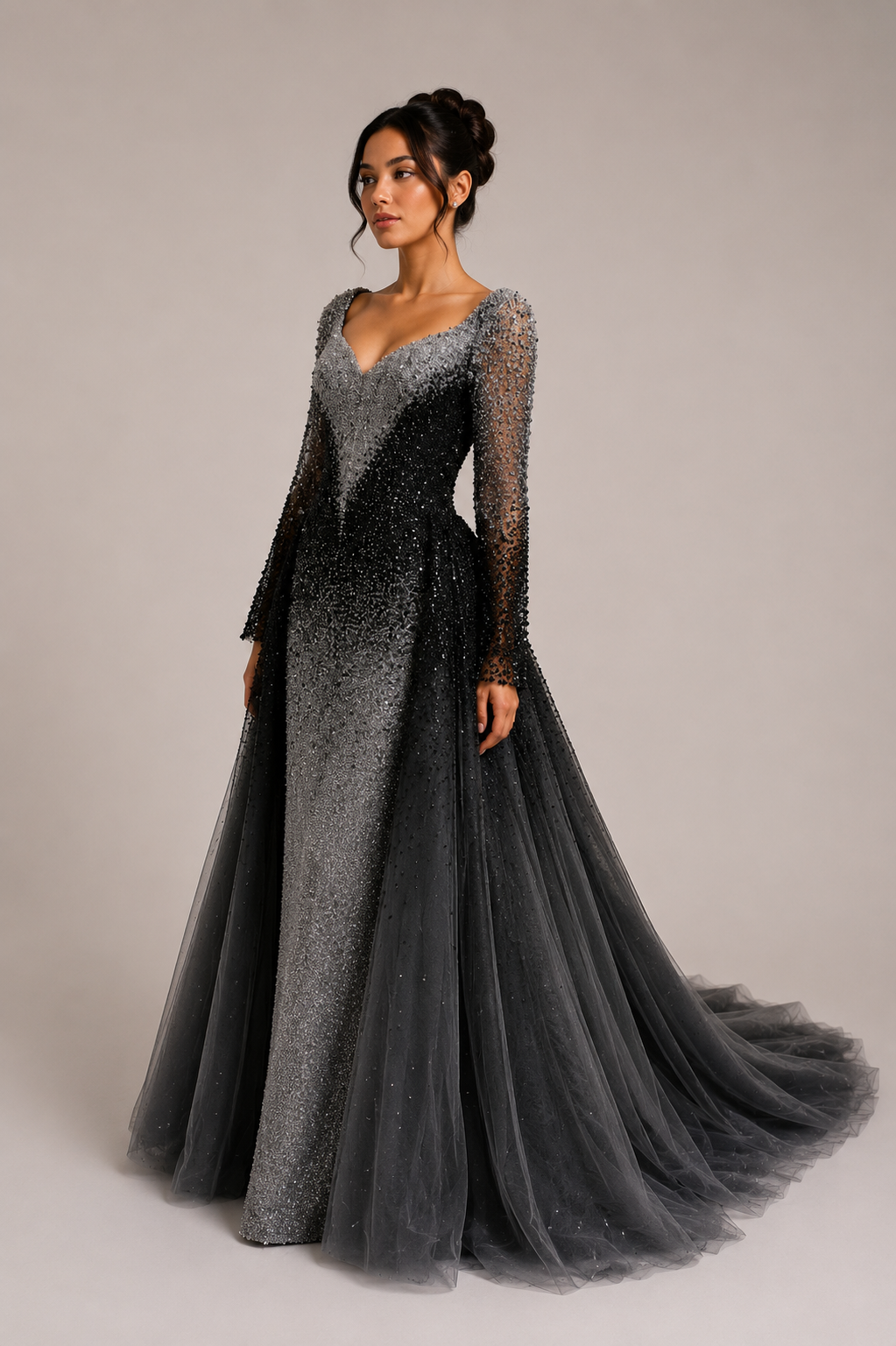 OMBRE EMBELLISHED GOWN WITH TULLE OVERSKIRT