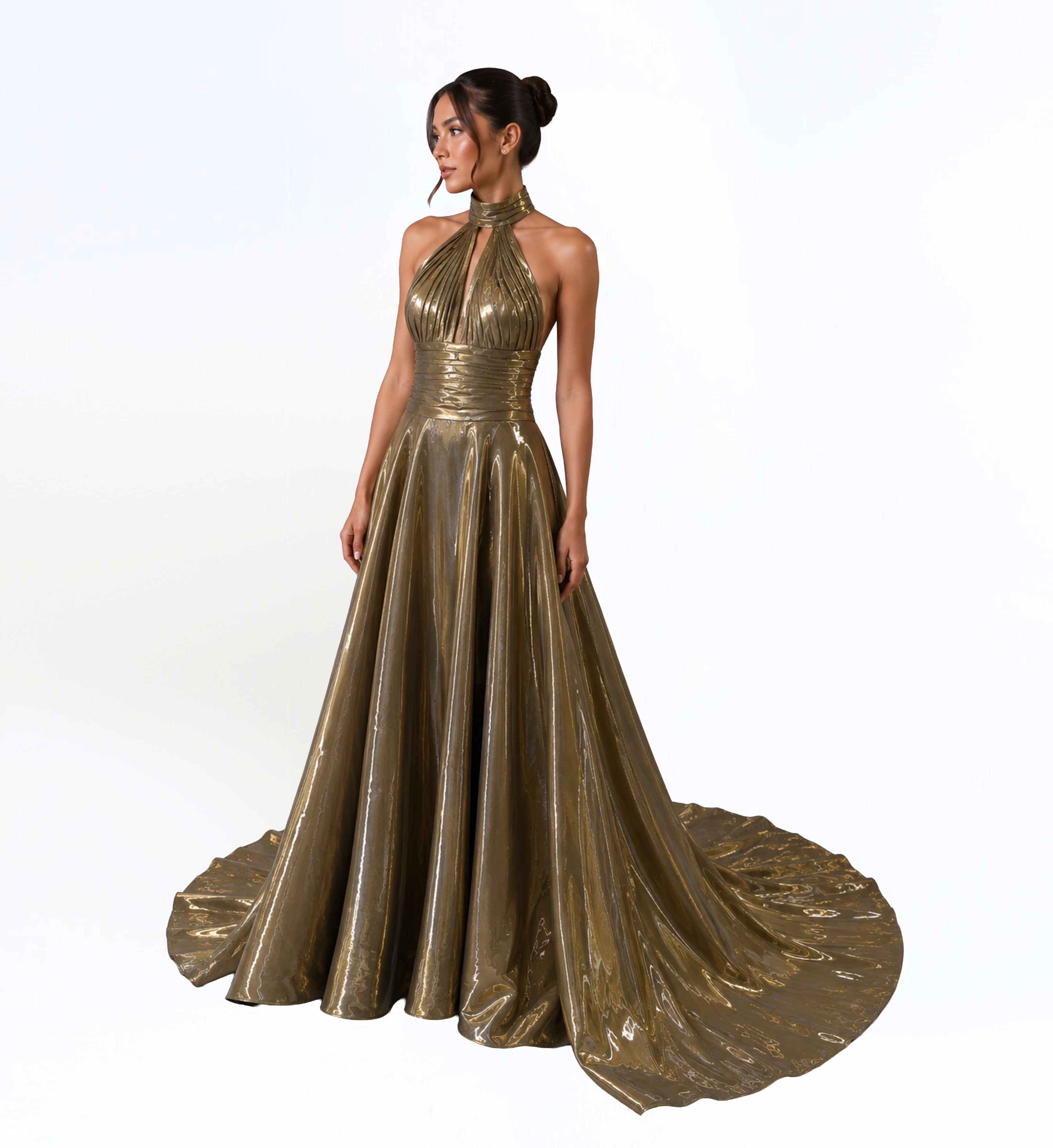 METALLIC HALTER BALL GOWN