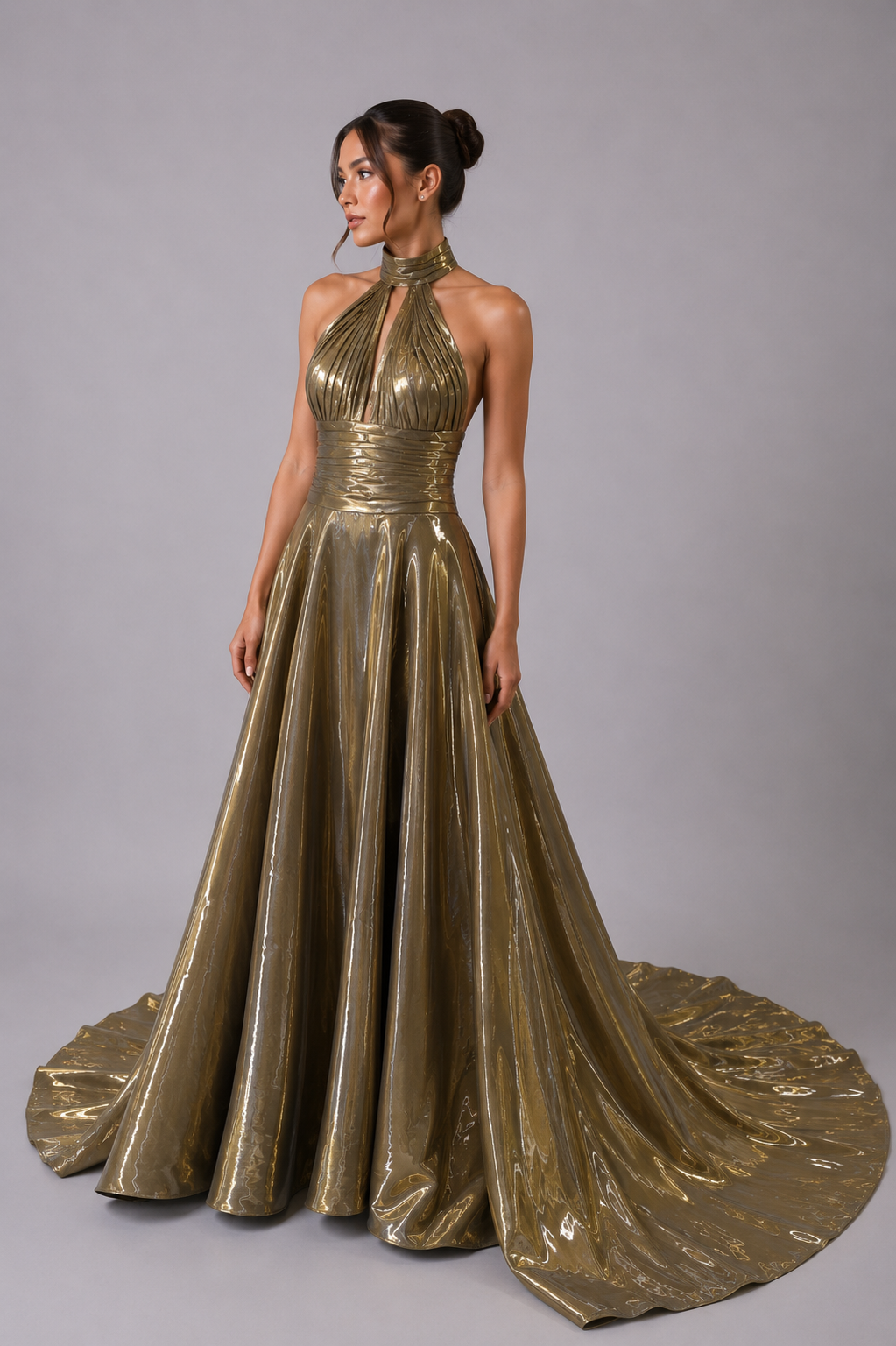 METALLIC HALTER BALL GOWN