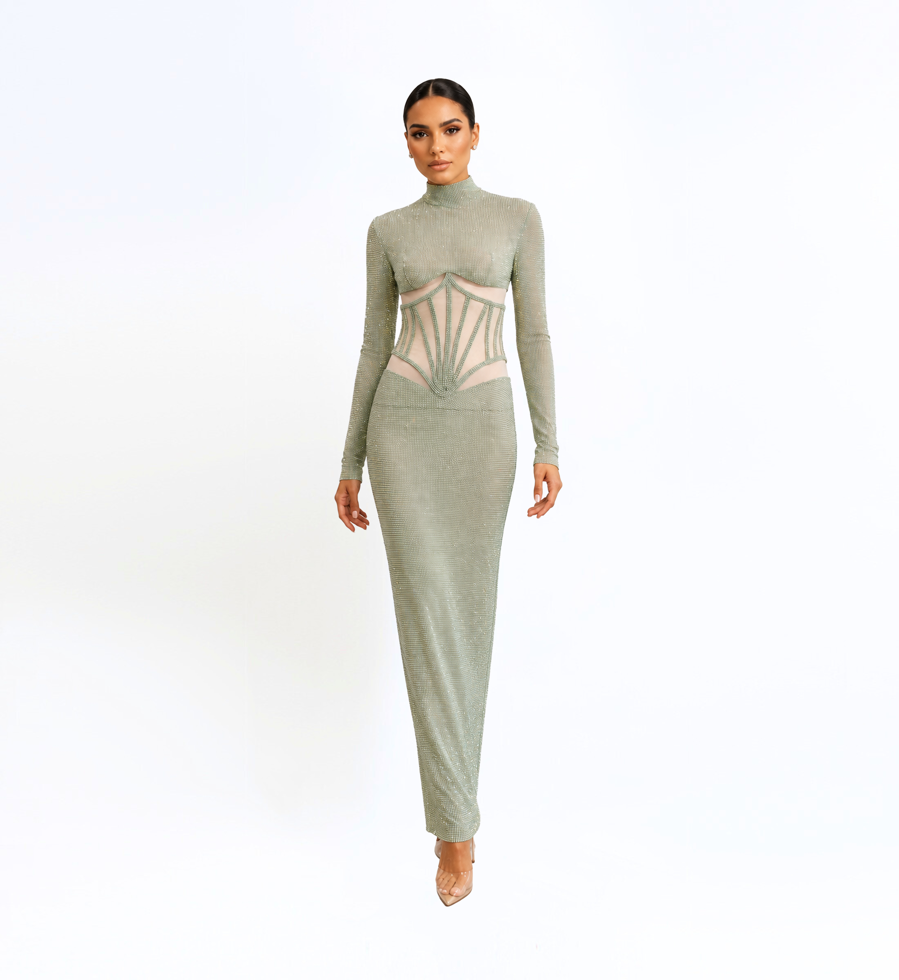 Beaded Tulle Corset Long Dress