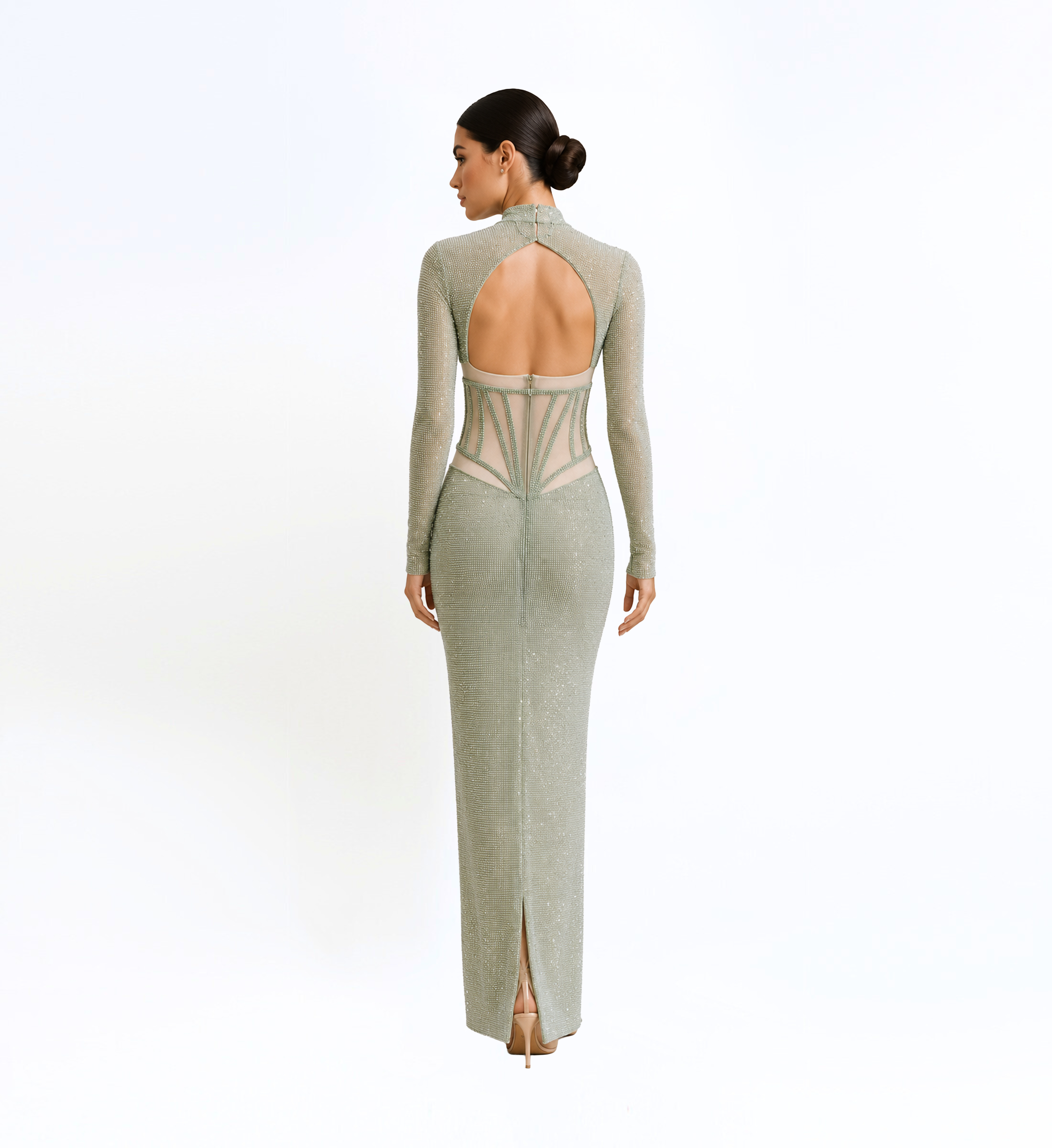 Beaded Tulle Corset Long Dress