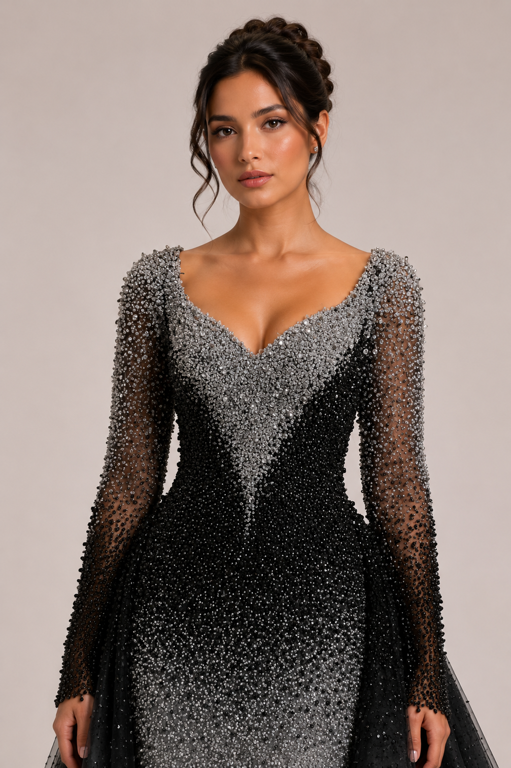 OMBRE EMBELLISHED GOWN WITH TULLE OVERSKIRT