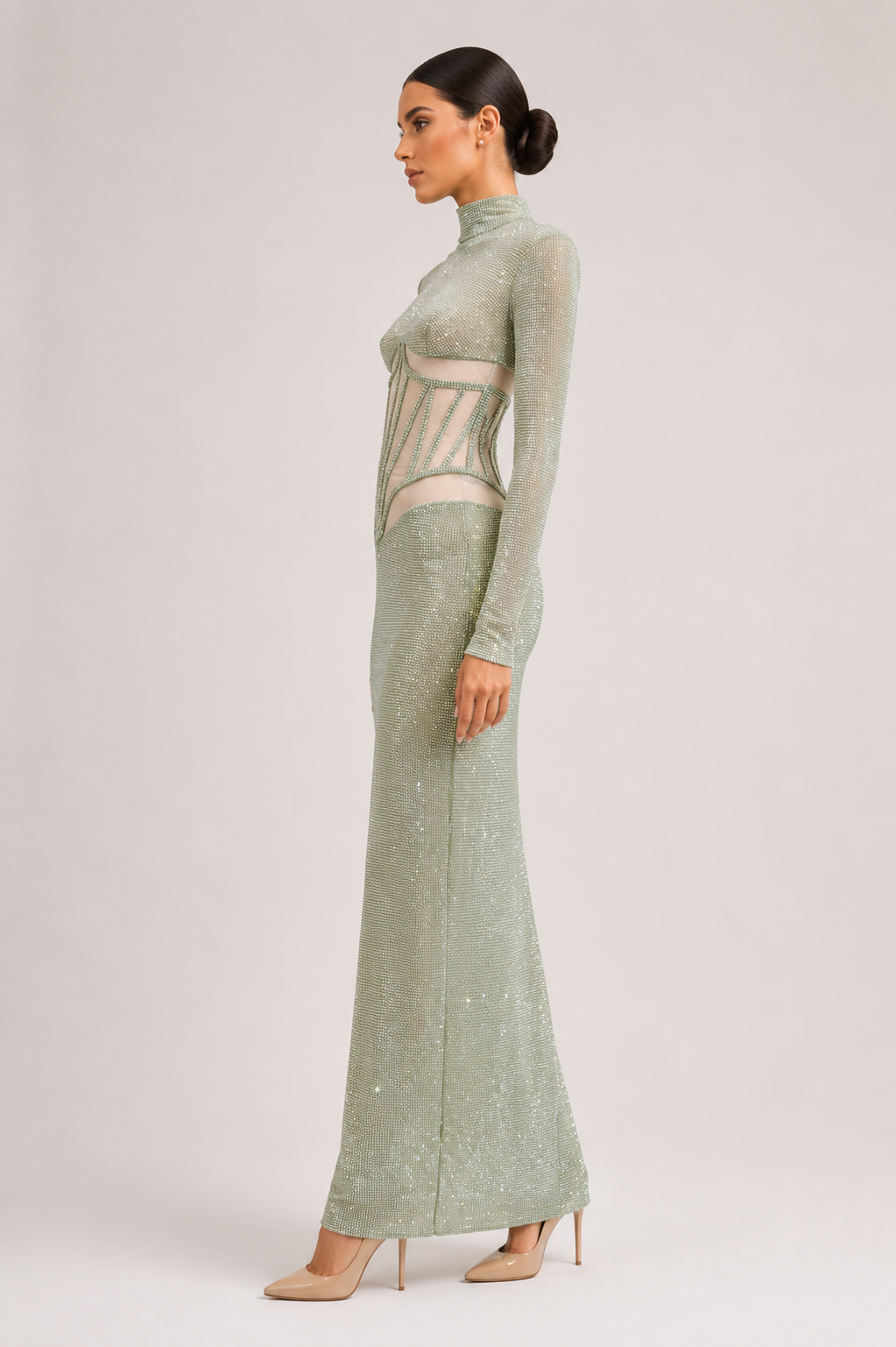 Beaded Tulle Corset Long Dress