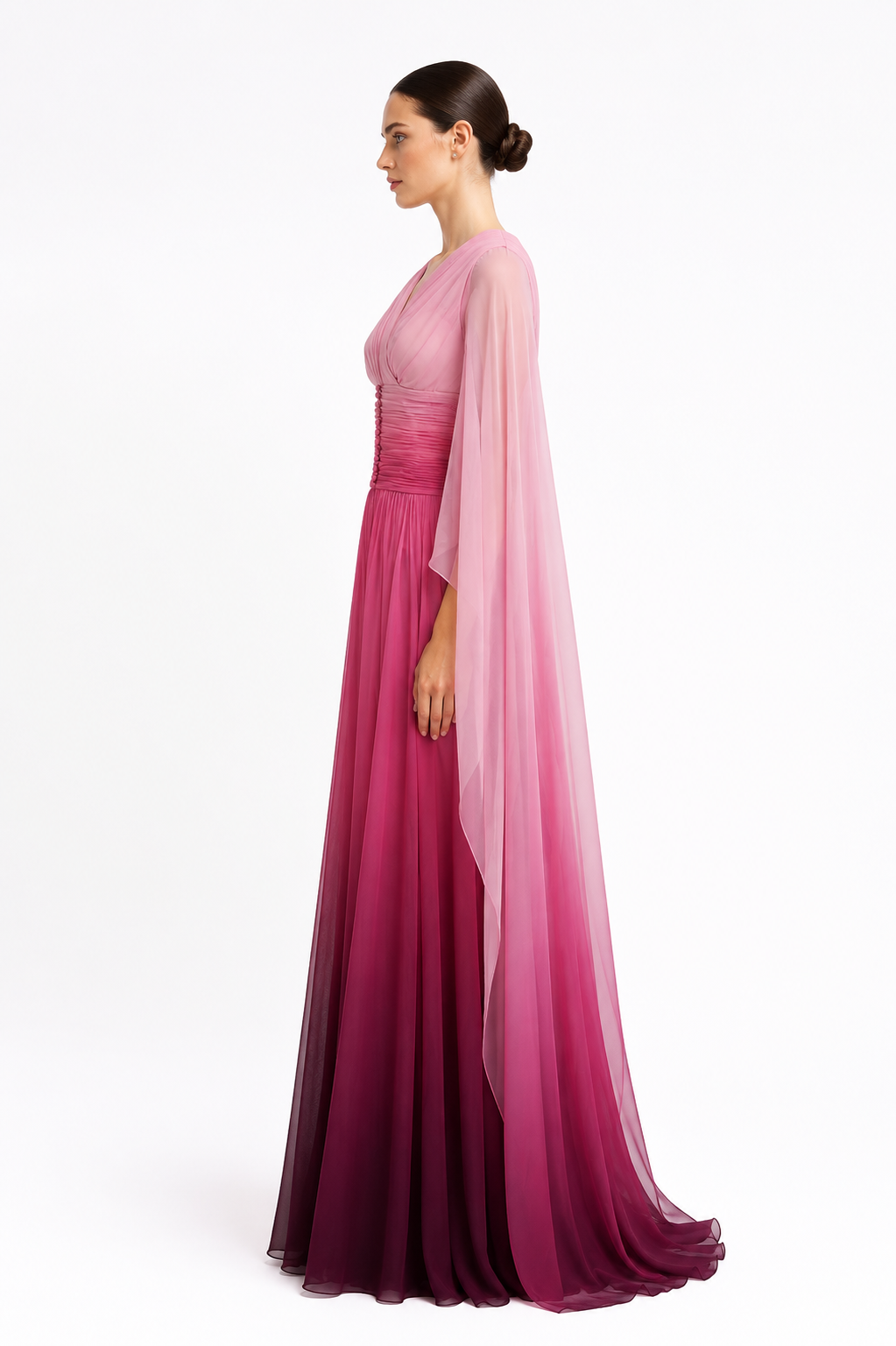 V-Neckline Long Dress With Cape
